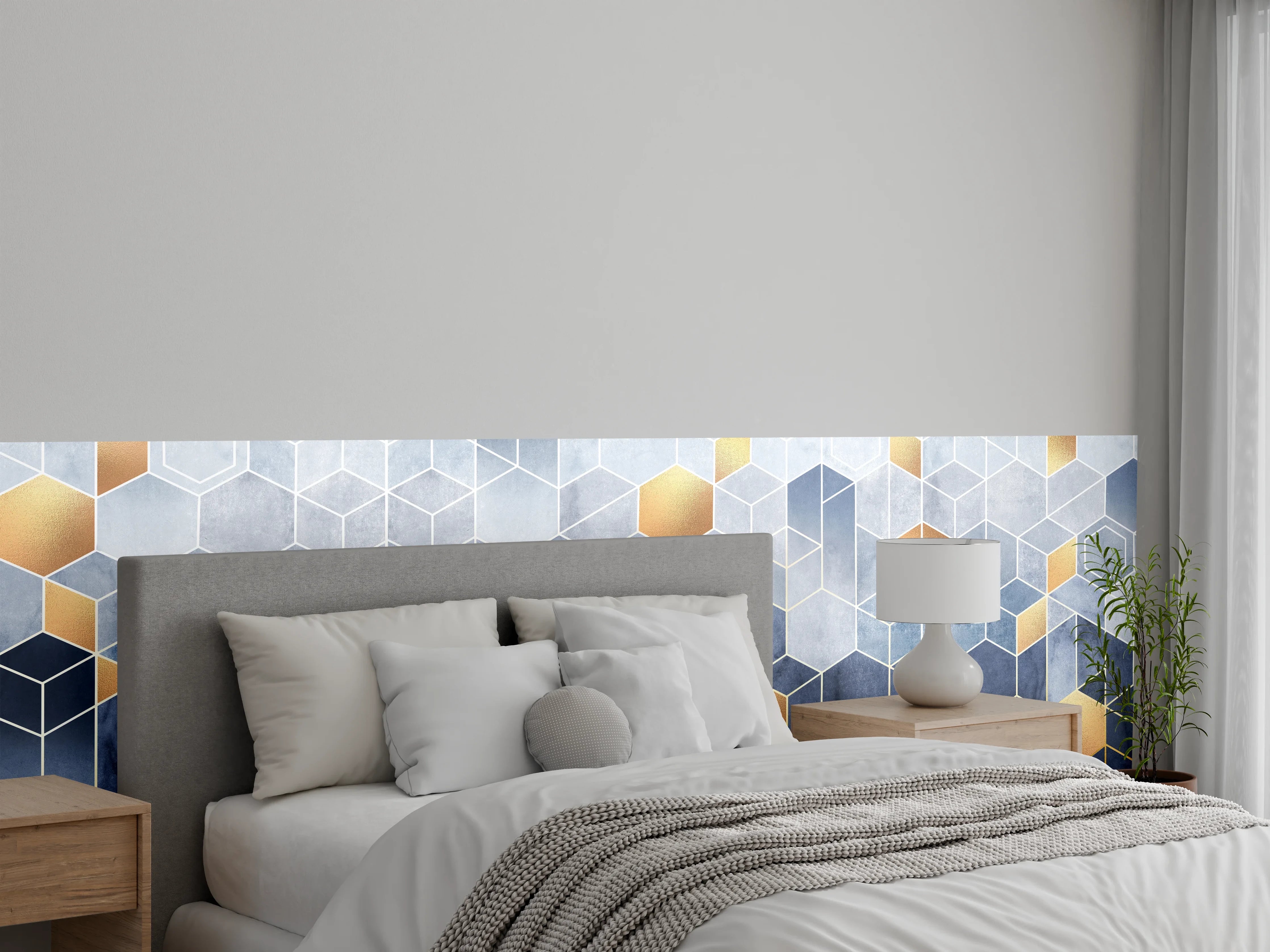 Wandverkleidung Schlafzimmer - Geometrisches Muster mit Gold und Blau