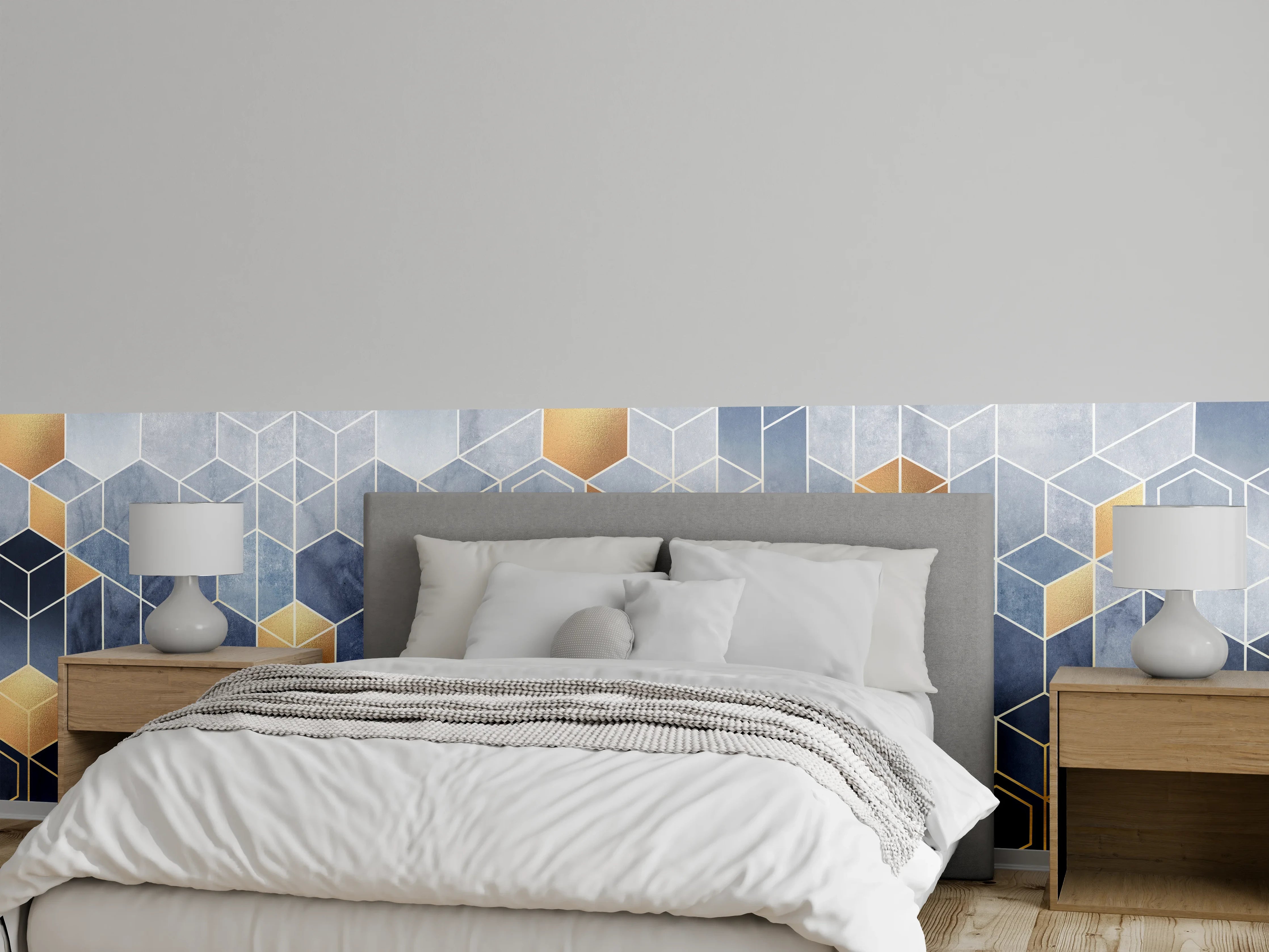 Wandverkleidung Schlafzimmer - Geometrisches Muster mit Gold und Blau