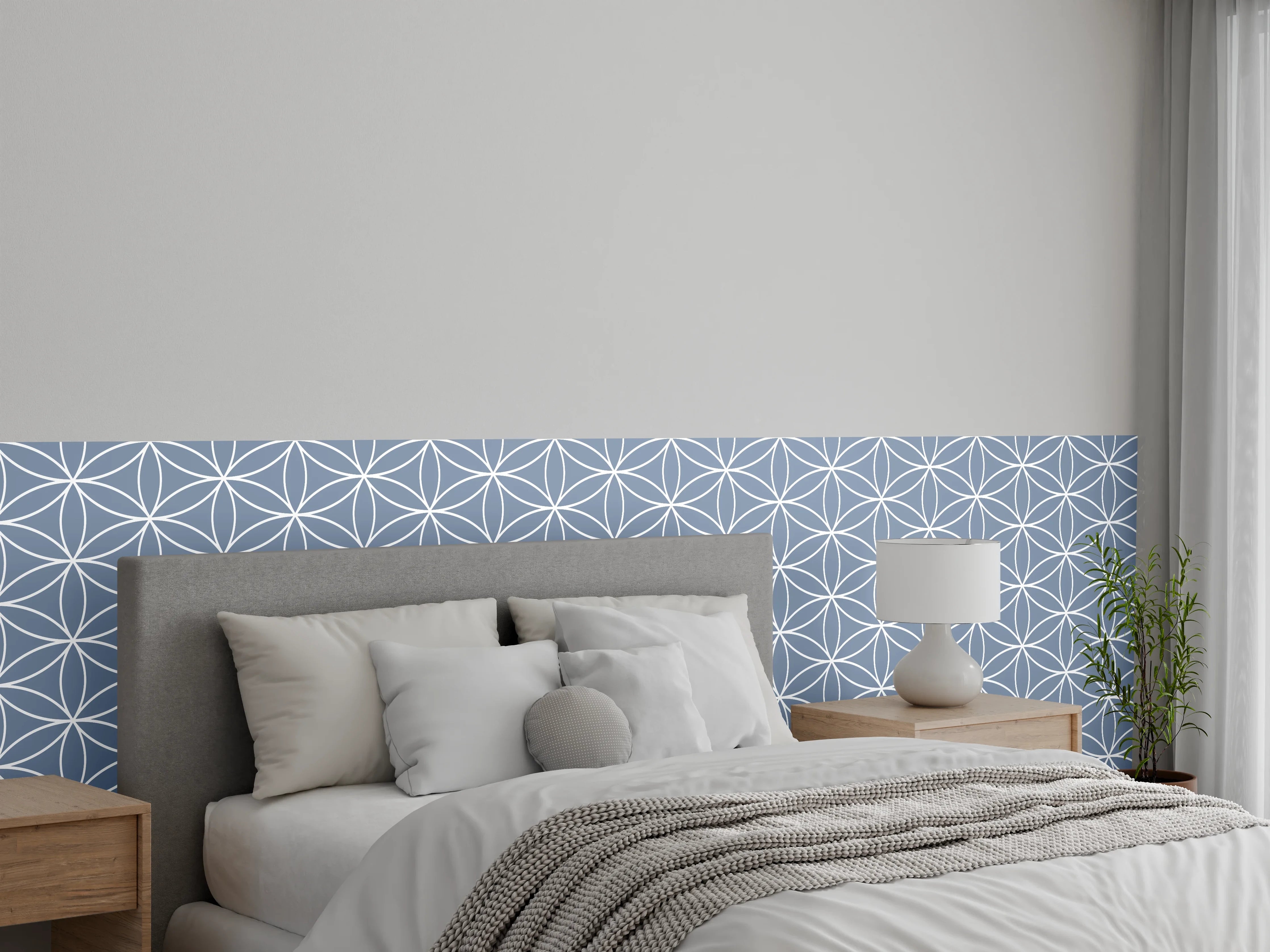Wandverkleidung Schlafzimmer - Geometrisches Muster weiß auf Grau