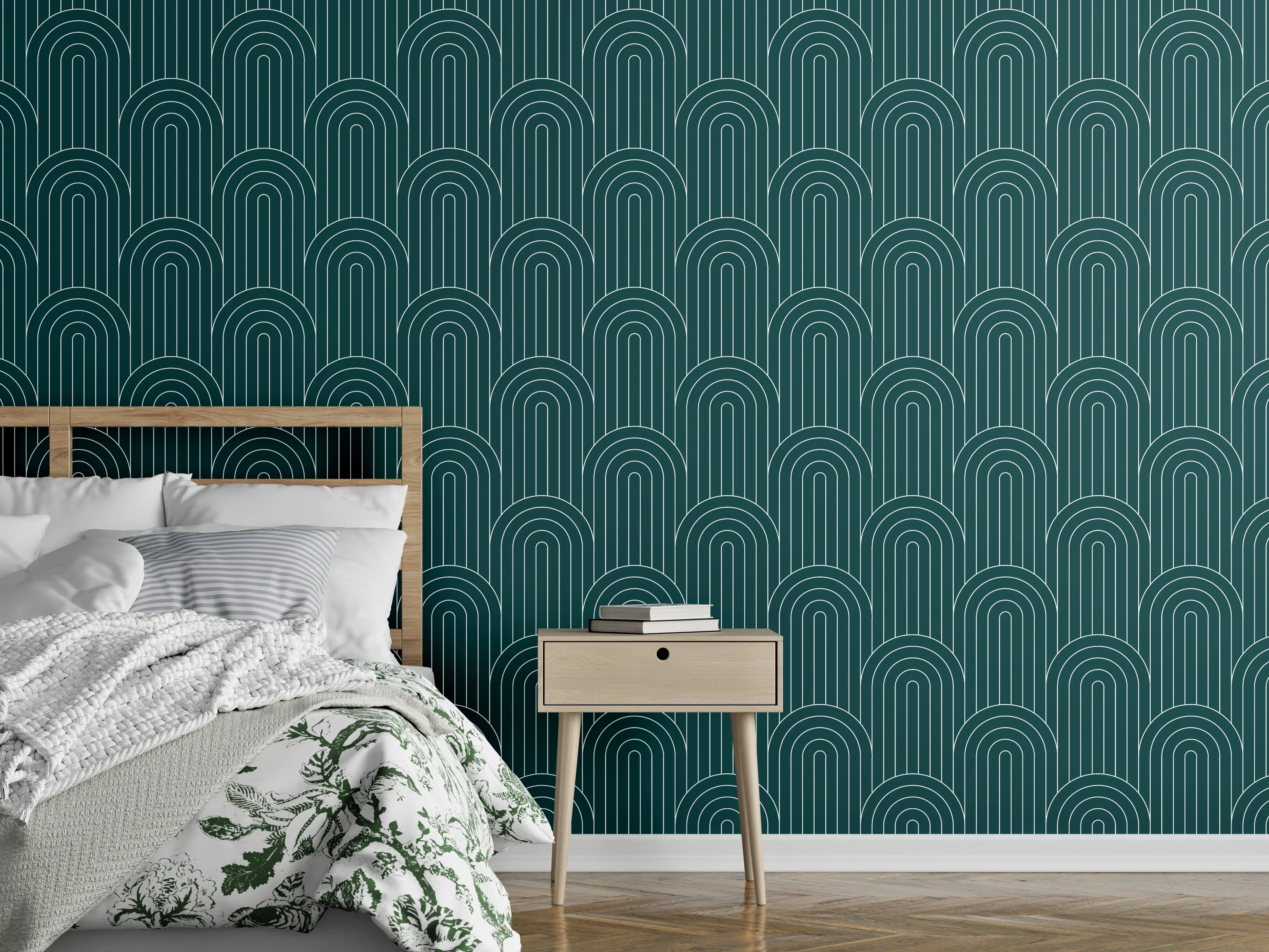 Wandverkleidung Schlafzimmer - Geometrisches Muster: Grüner Retro-Stil