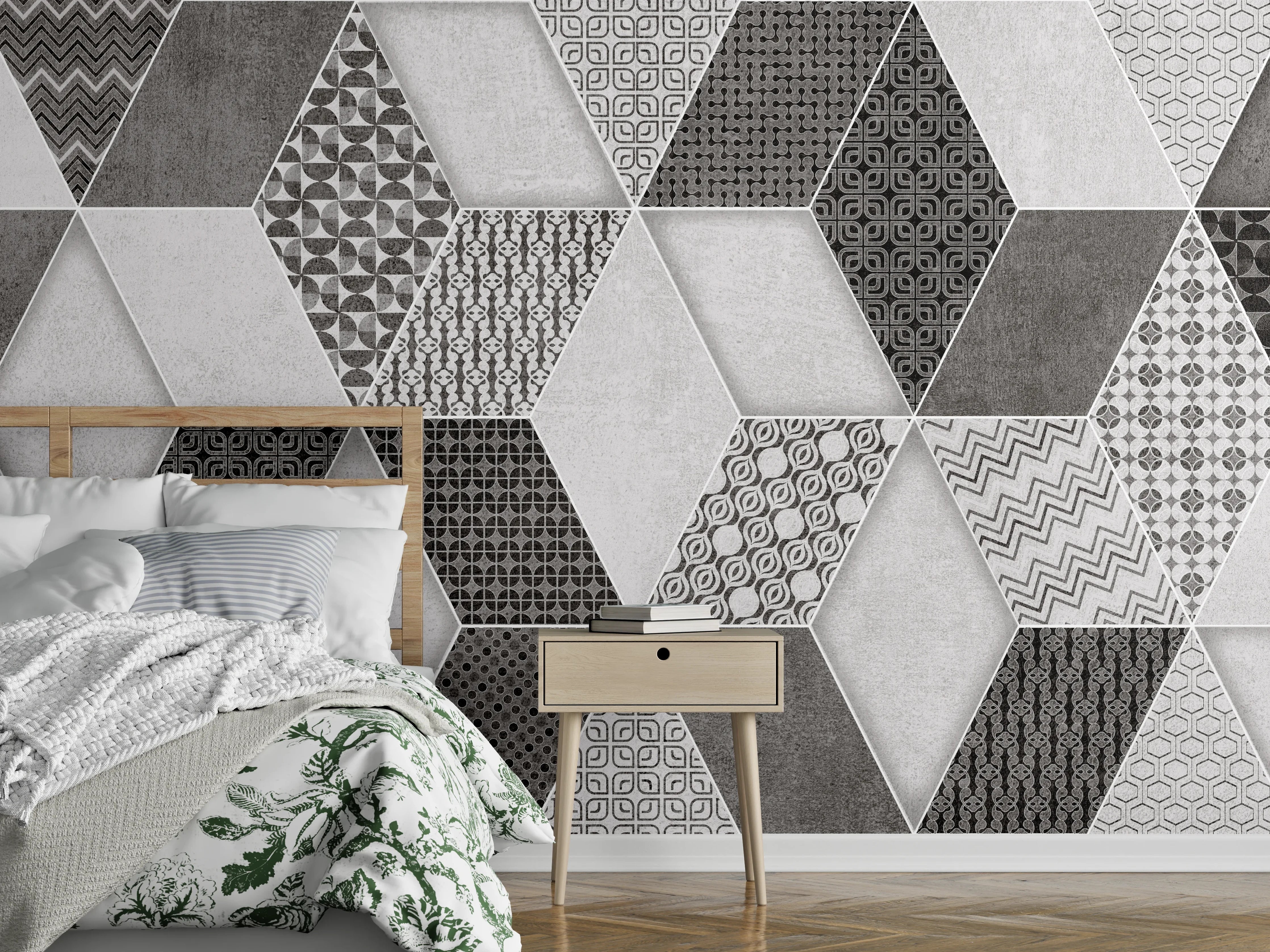 Wandverkleidung Schlafzimmer - Geometrisches Retro-Fliesen Muster