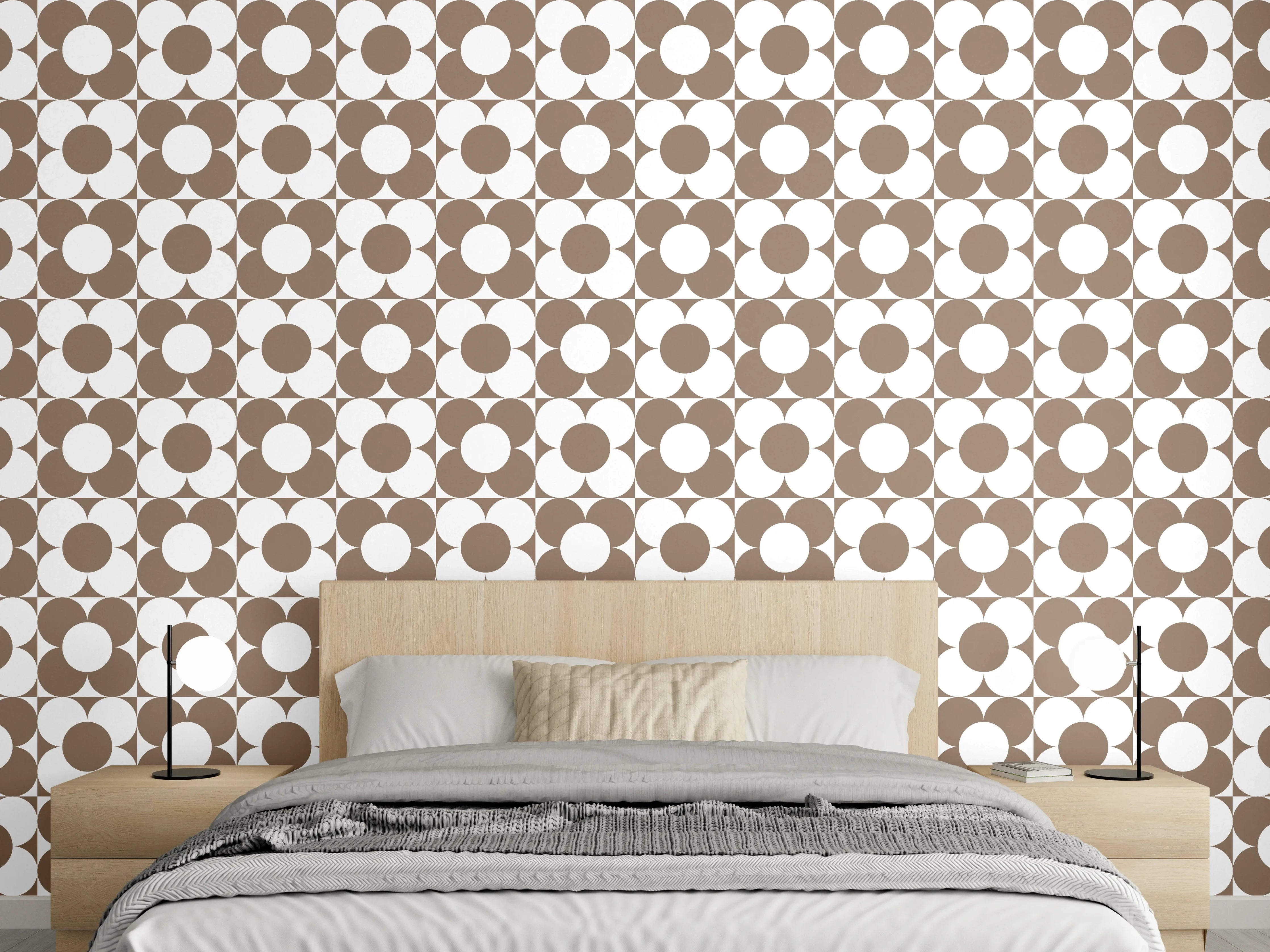 Wandverkleidung Schlafzimmer - Geometrisches Retro-Muster Braun & Weiß