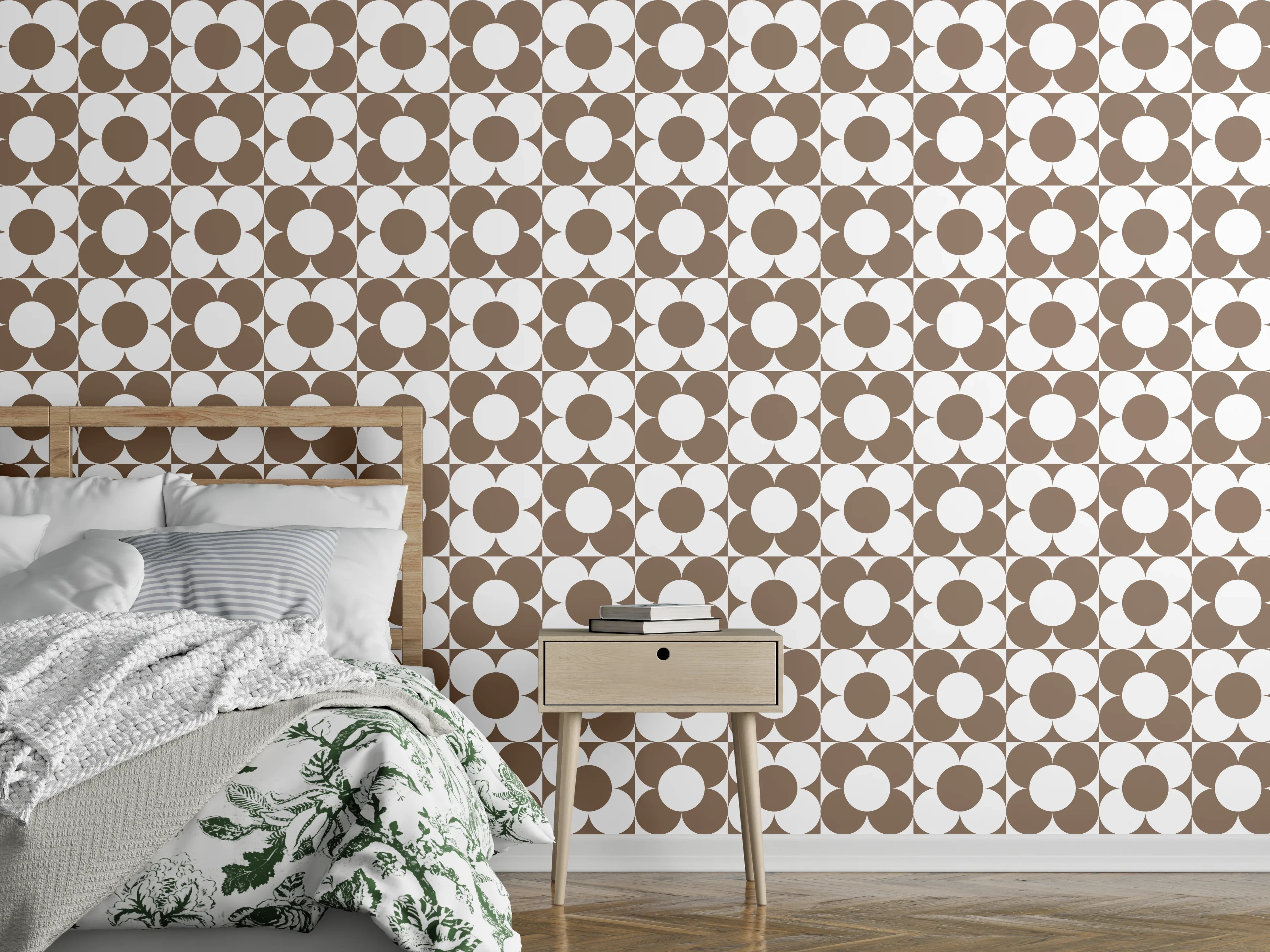 Wandverkleidung Schlafzimmer - Geometrisches Retro-Muster Braun & Weiß