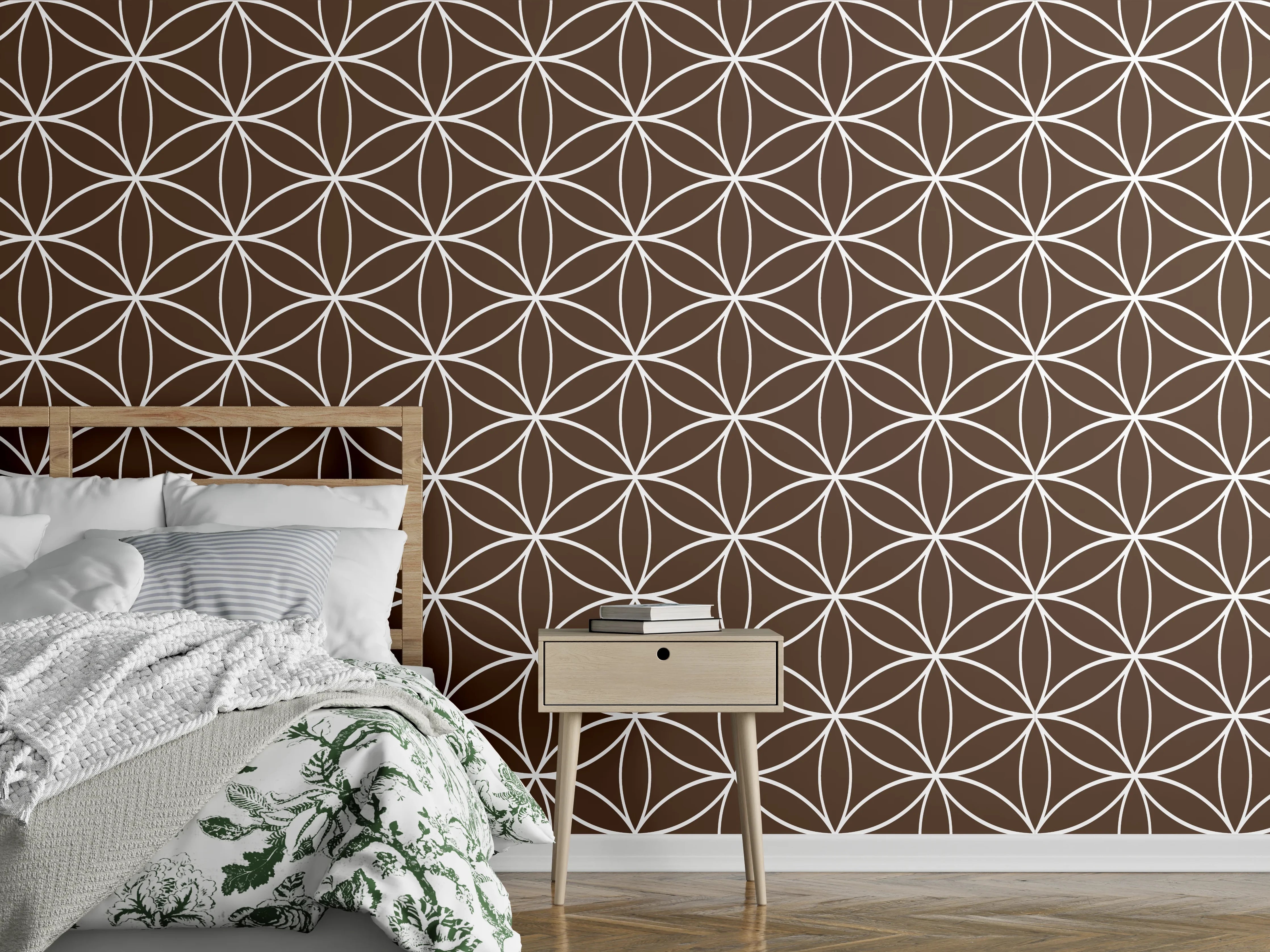 Wandverkleidung Schlafzimmer - Geometrisches Retro-Muster in Braunweiß