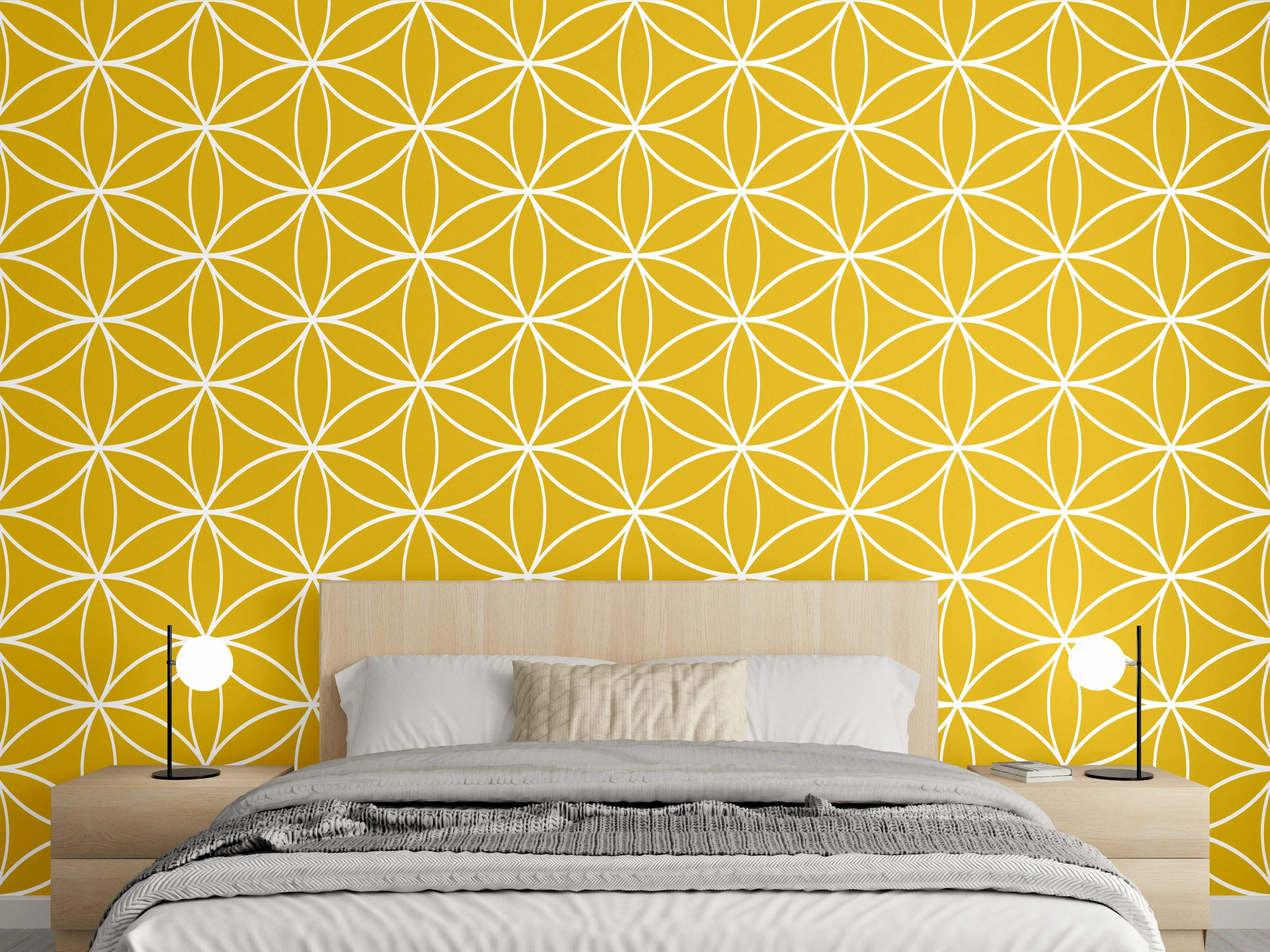 Wandverkleidung Schlafzimmer - Geometrisches Retro-Muster in Gelb-Weiß
