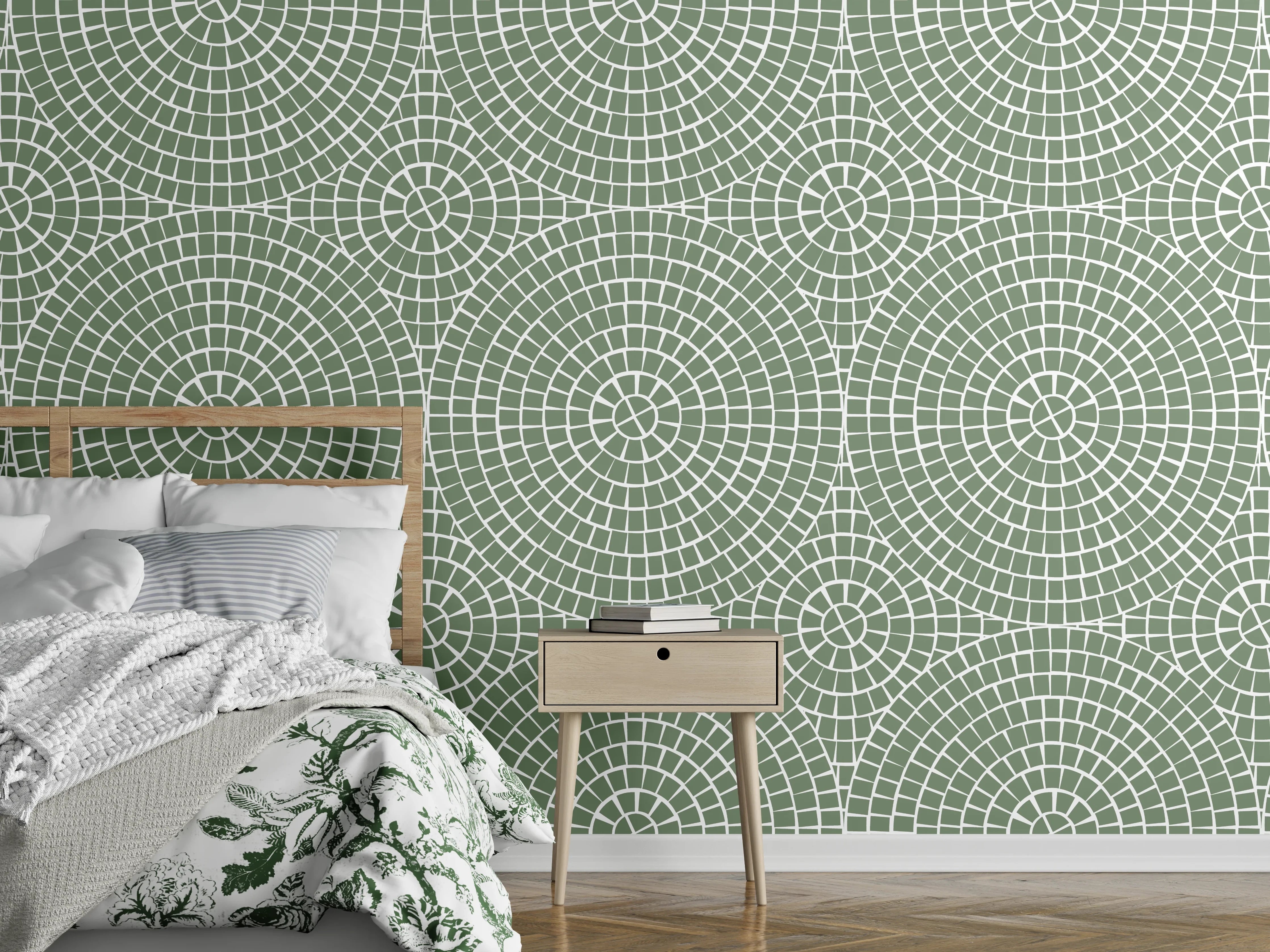 Wandverkleidung Schlafzimmer - Geometrisches Retro Muster in Grünweiß