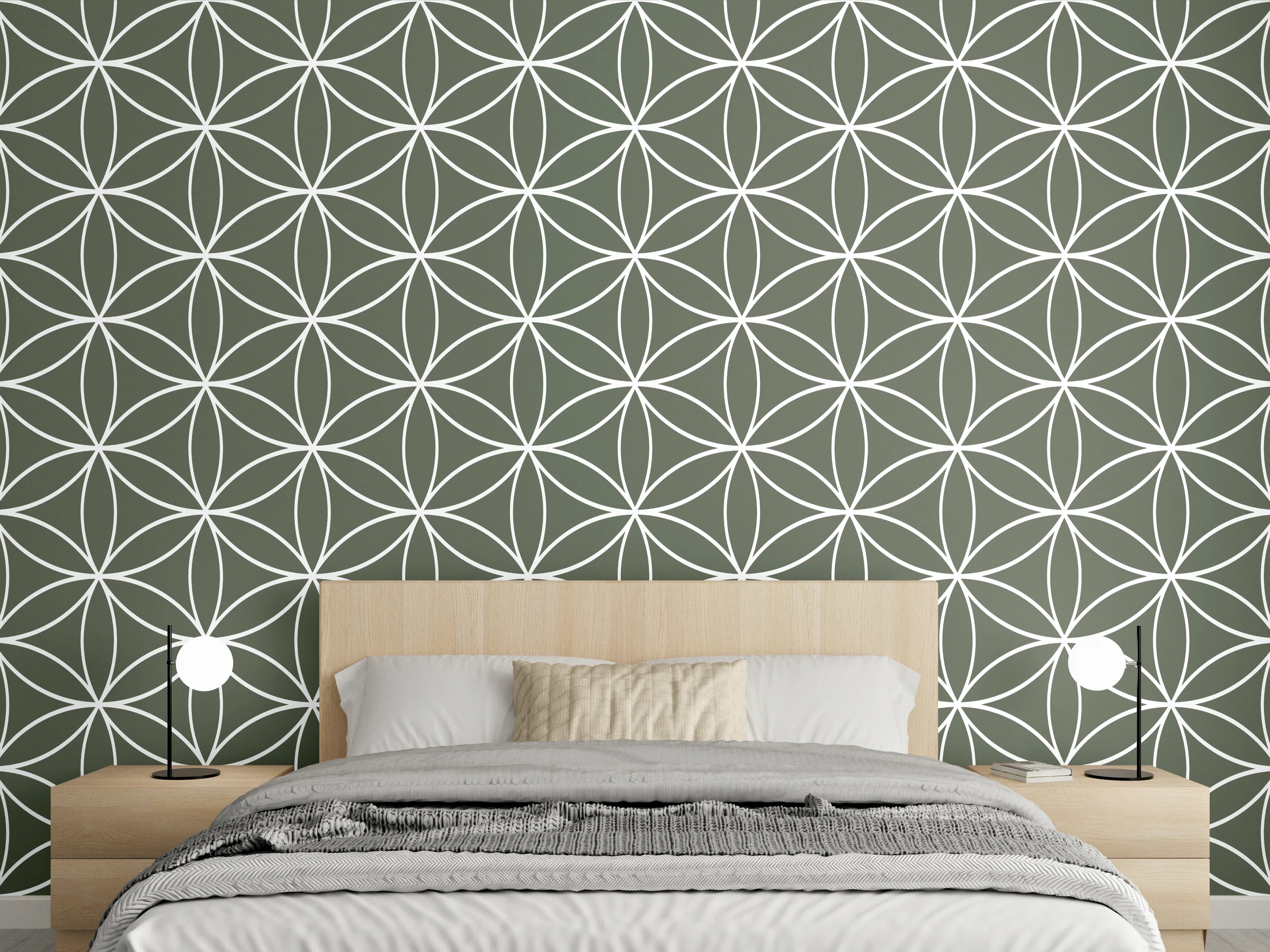 Wandverkleidung Schlafzimmer - Geometrisches Retro-Muster in Olivgrün