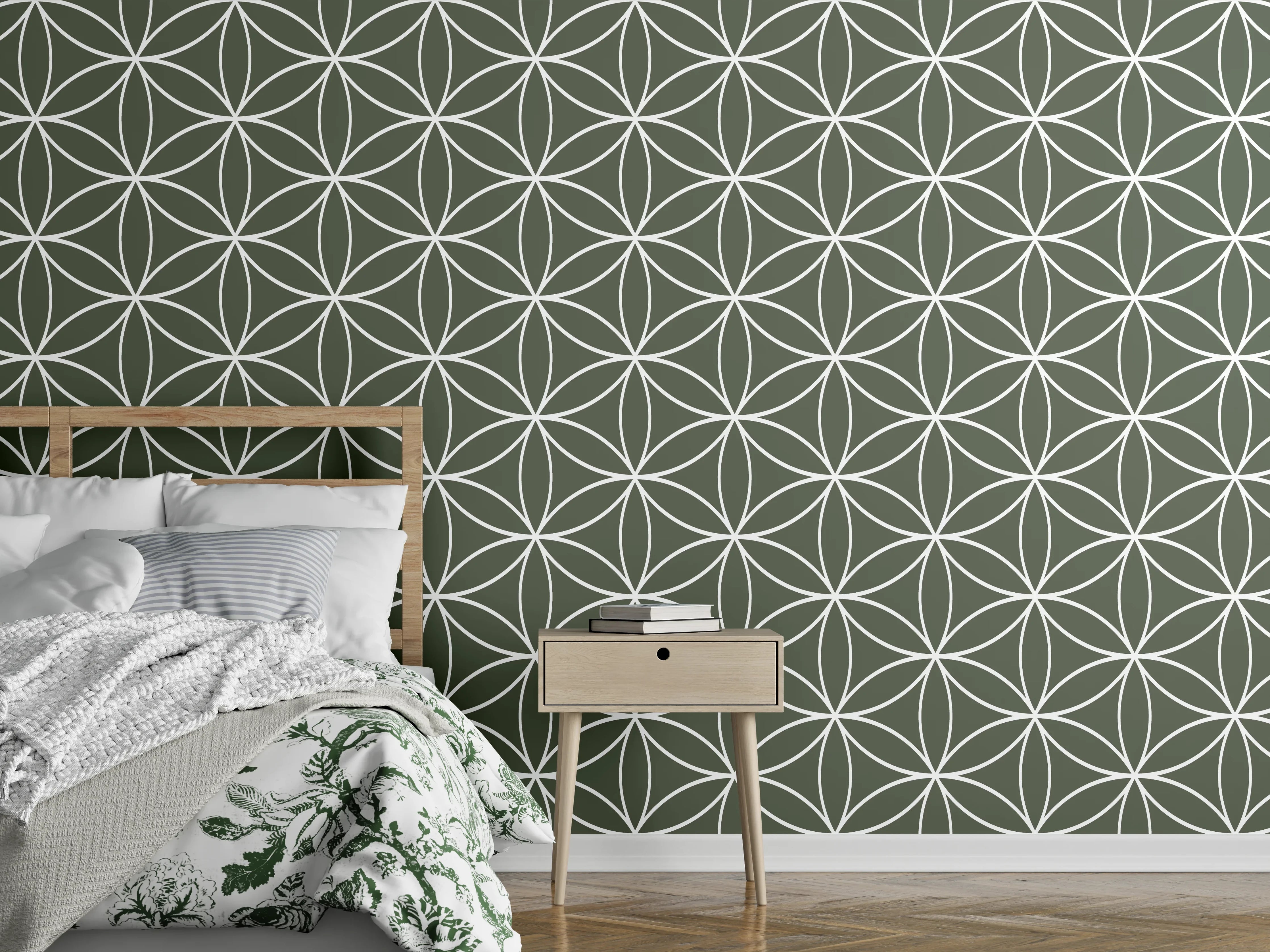 Wandverkleidung Schlafzimmer - Geometrisches Retro-Muster in Olivgrün