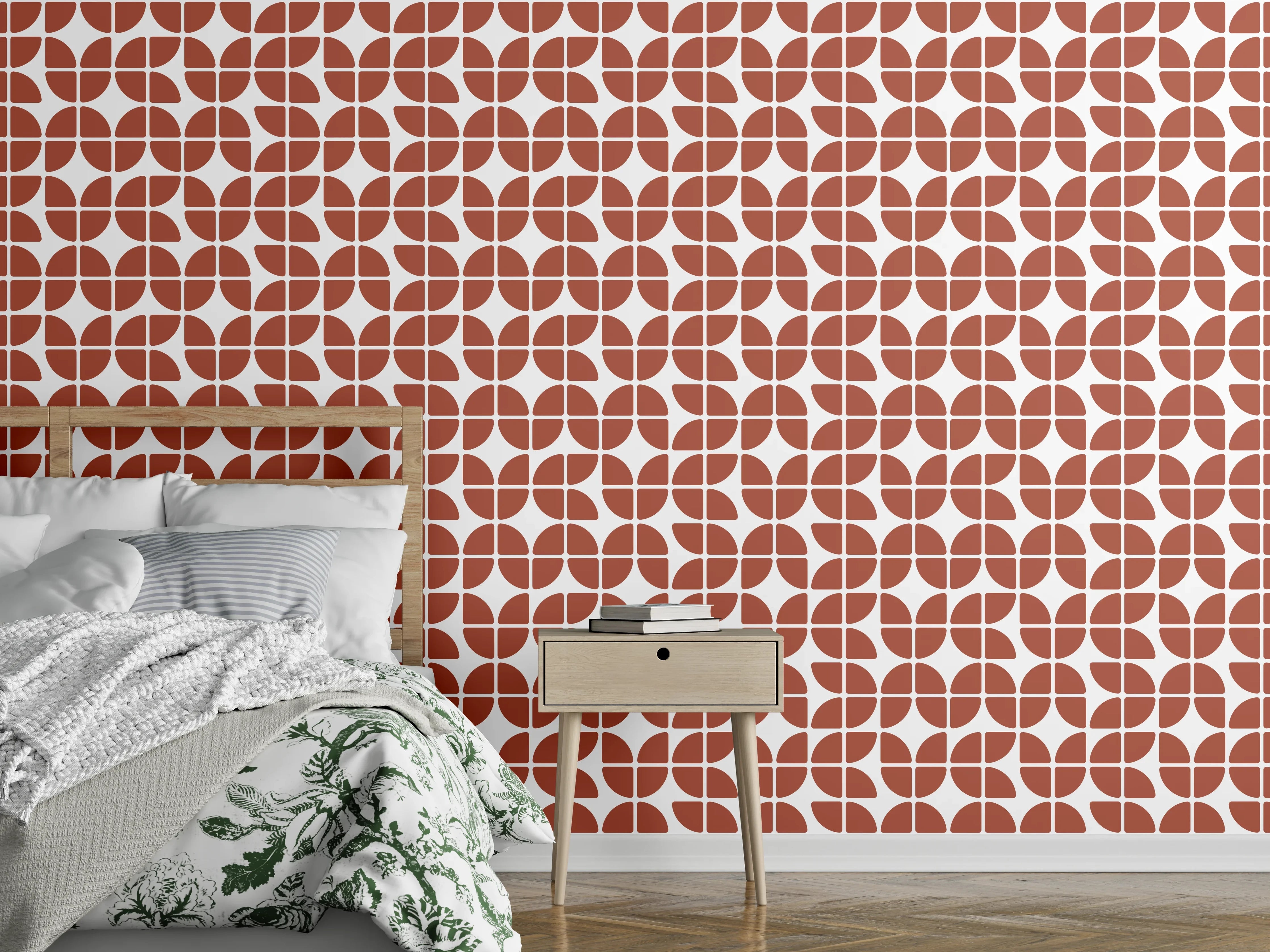 Wandverkleidung Schlafzimmer - Geometrisches Retro-Muster in Ziegelrot