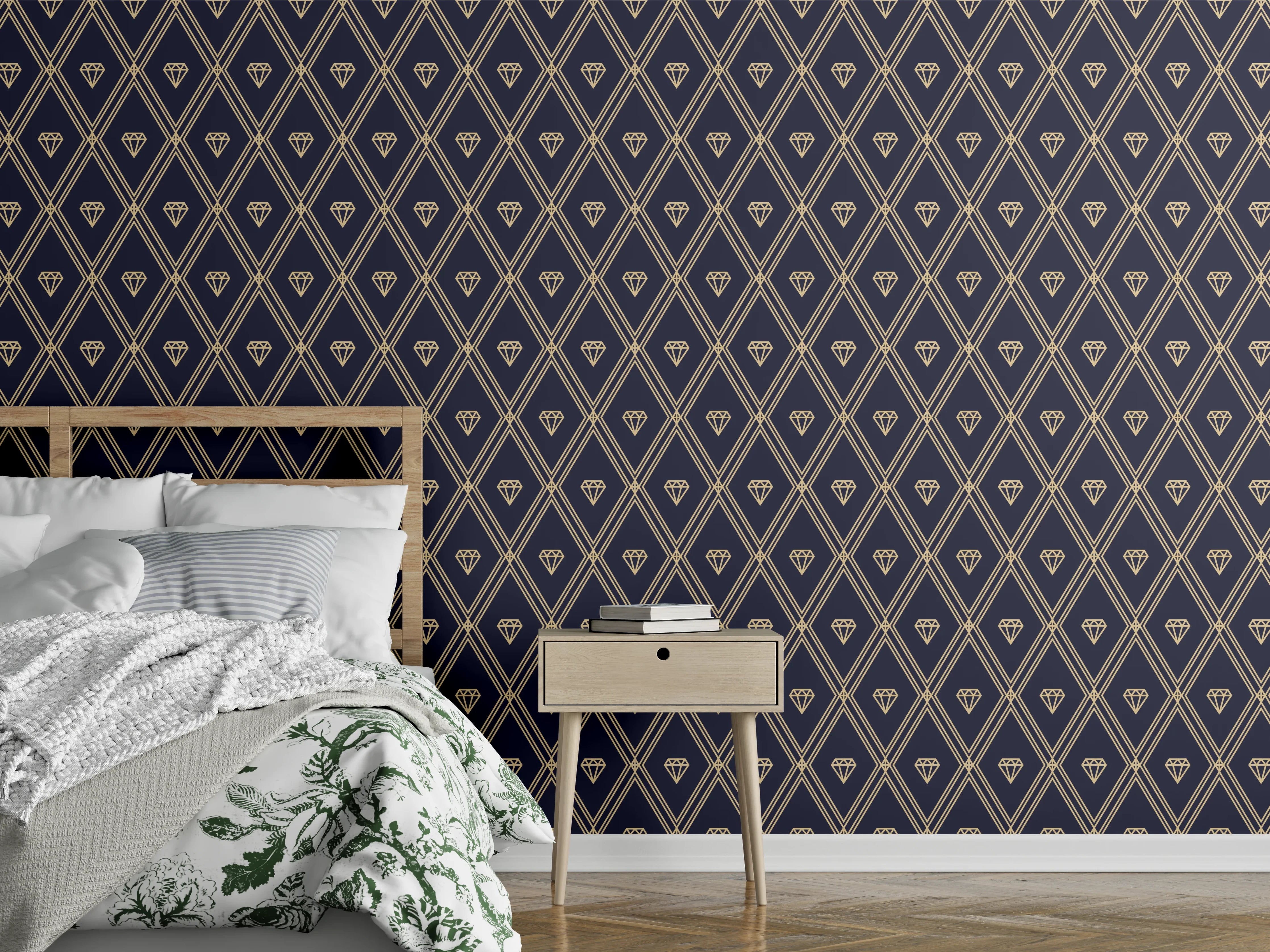 Wandverkleidung Schlafzimmer - Geometrisches Schwarz-Blau Muster