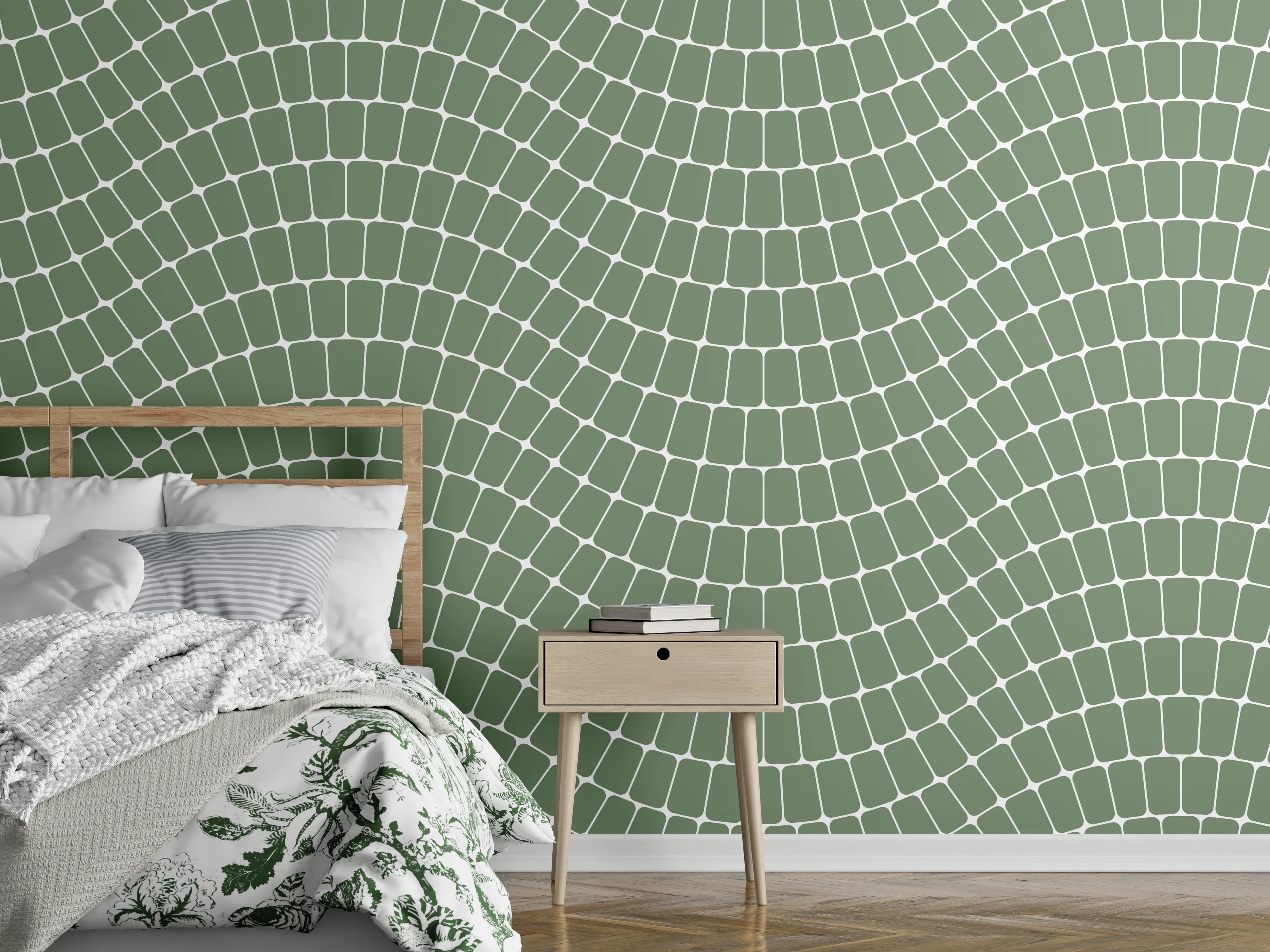 Wandverkleidung Schlafzimmer - Geometrisches Wellenmuster in Grün