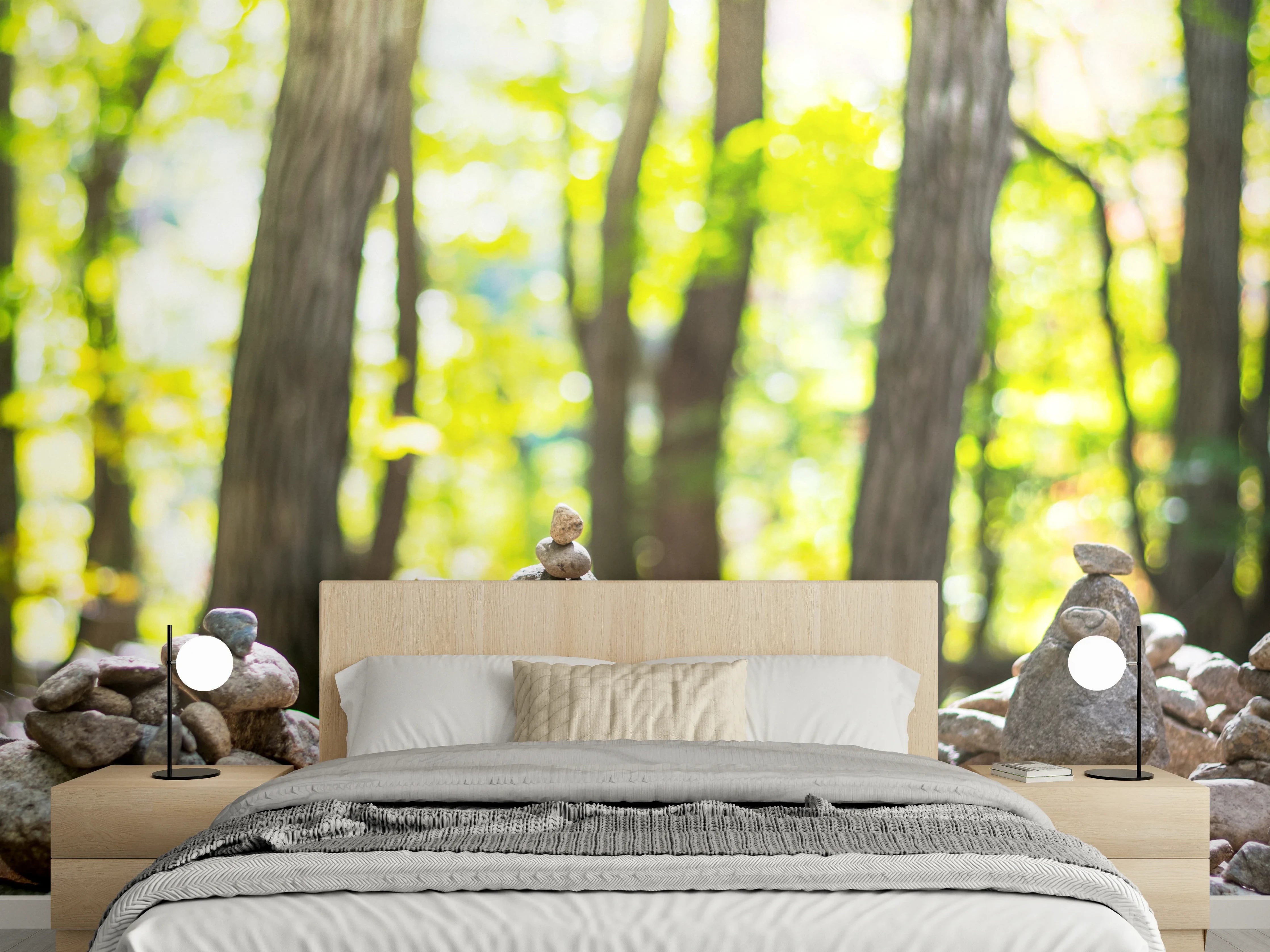 Wandverkleidung Schlafzimmer - Gestapelte Steine mit Waldhintergrund