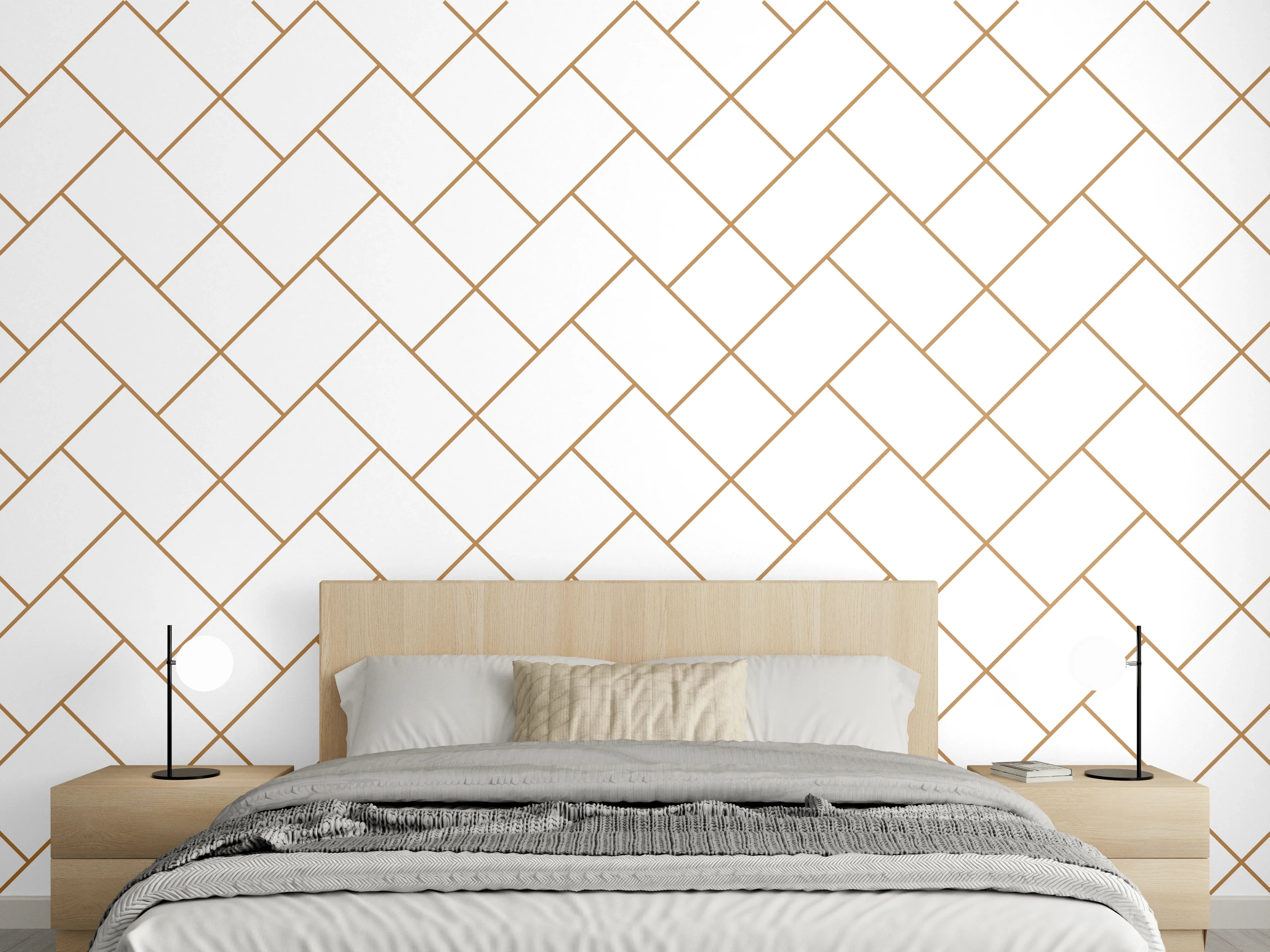 Wandverkleidung Schlafzimmer - Gittermuster in Gold auf Weiß
