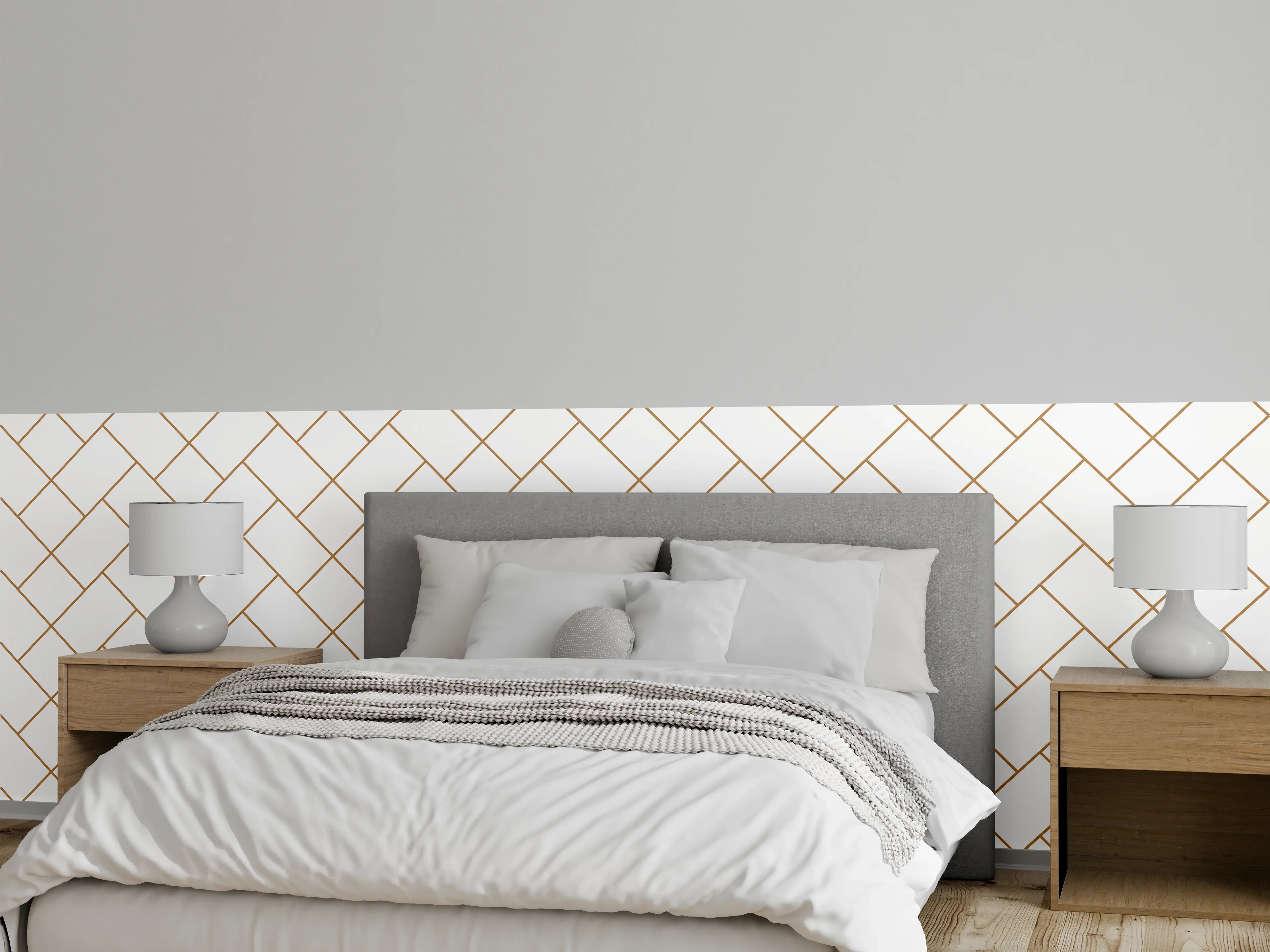 Wandverkleidung Schlafzimmer - Gittermuster in Gold auf Weiß