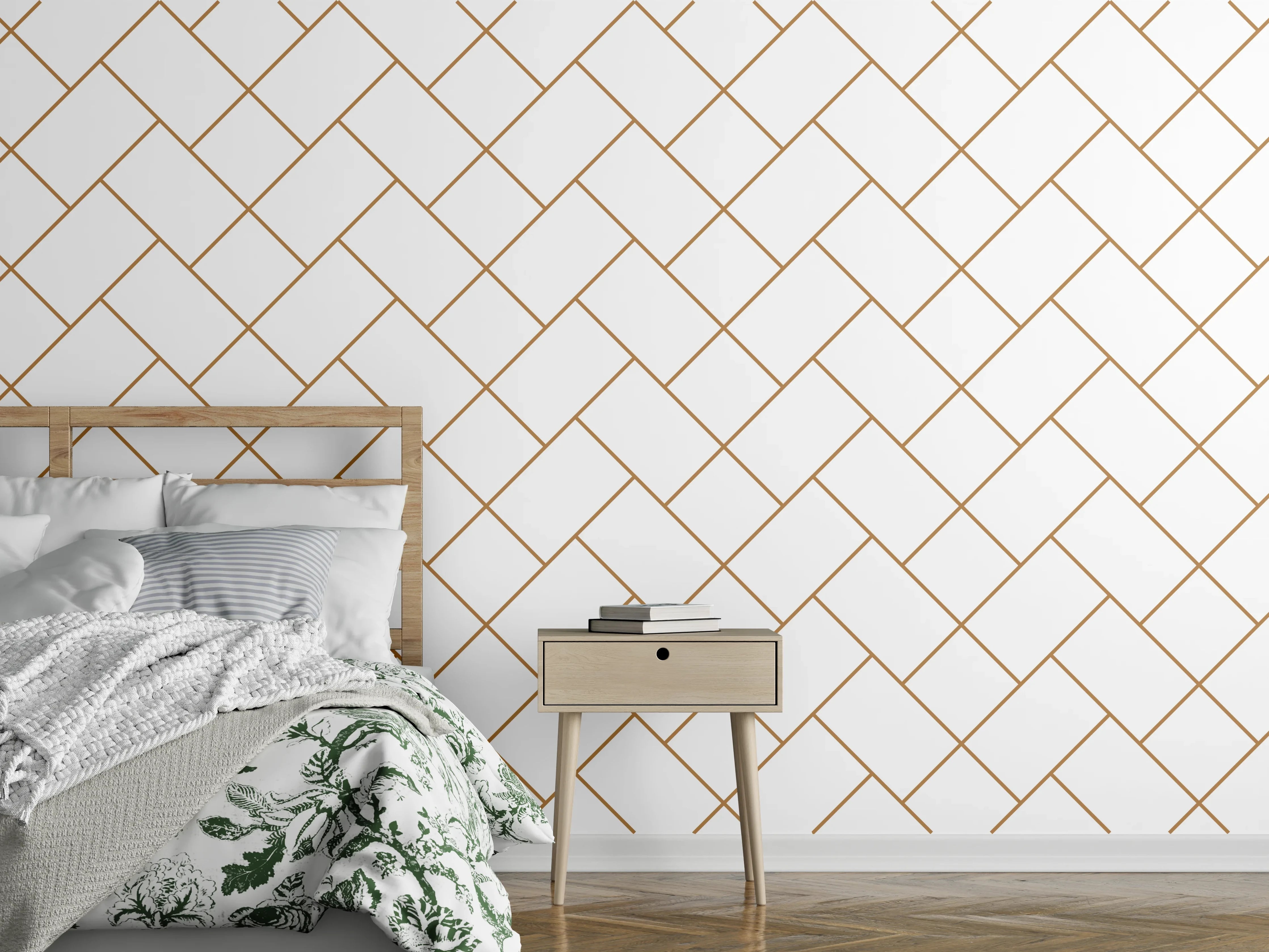 Wandverkleidung Schlafzimmer - Gittermuster in Gold auf Weiß