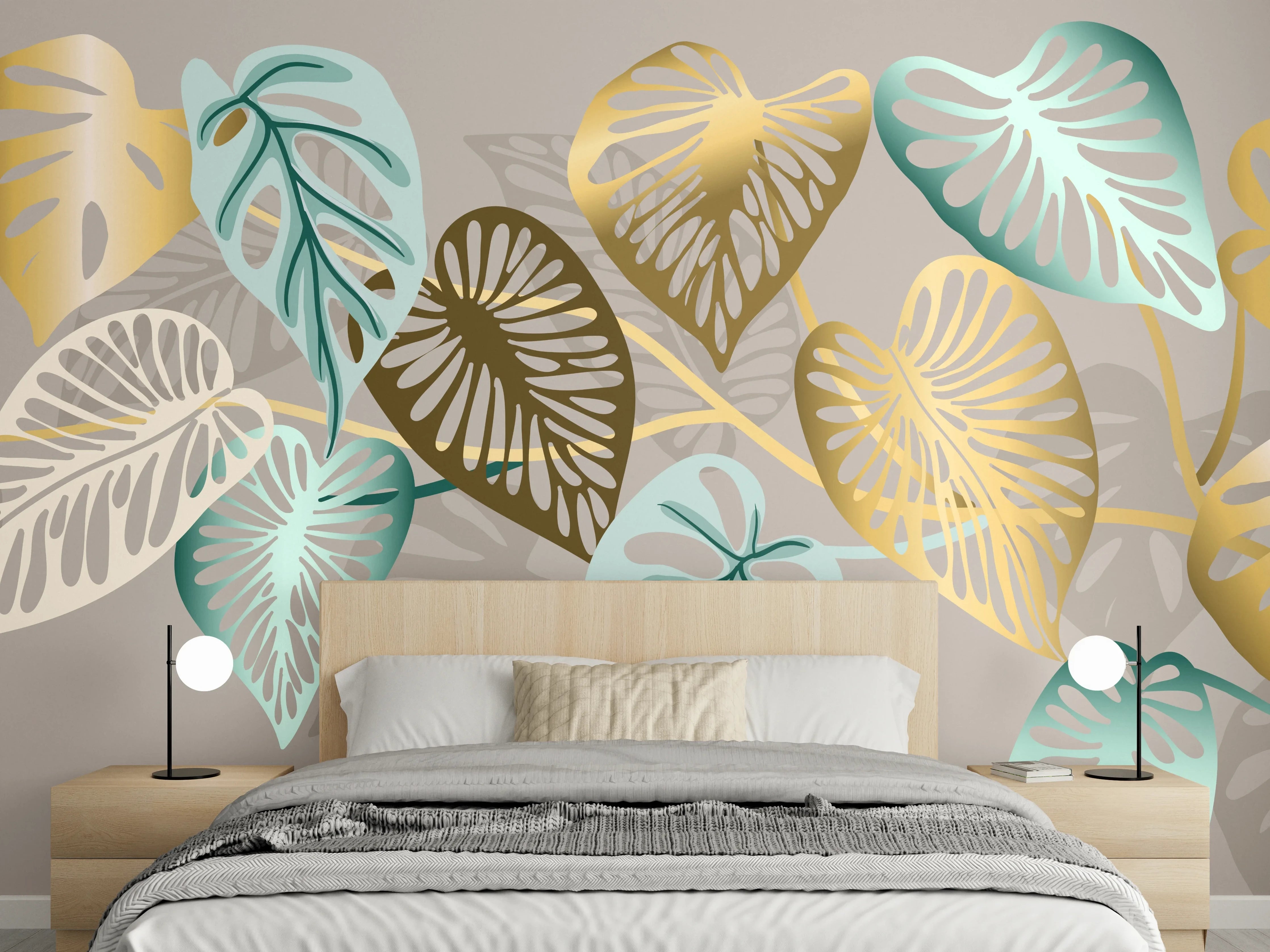 Wandverkleidung Schlafzimmer - Gold-Beige Blätter-Muster-Dekor