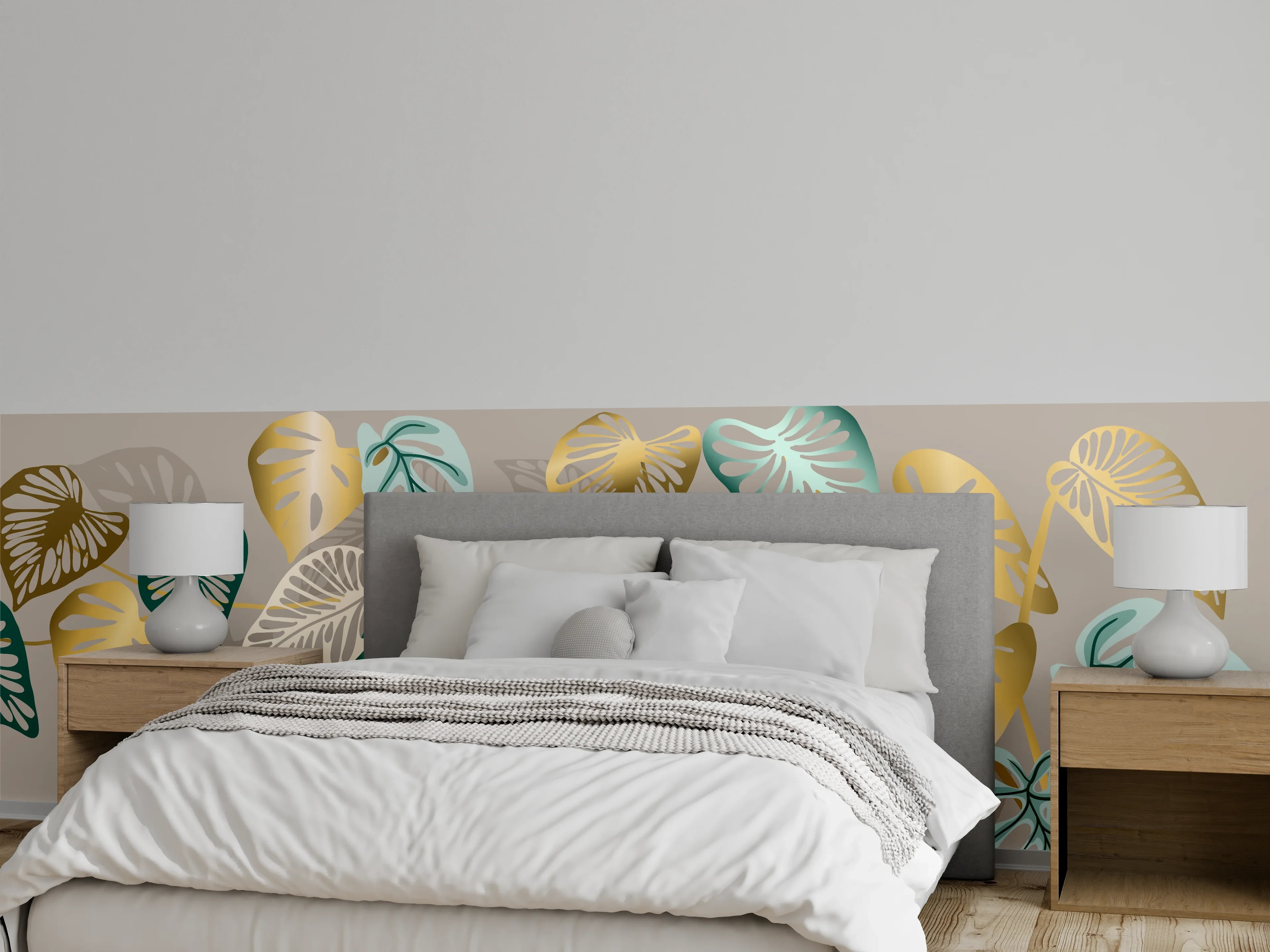 Wandverkleidung Schlafzimmer - Gold-Beige Blätter-Muster-Dekor