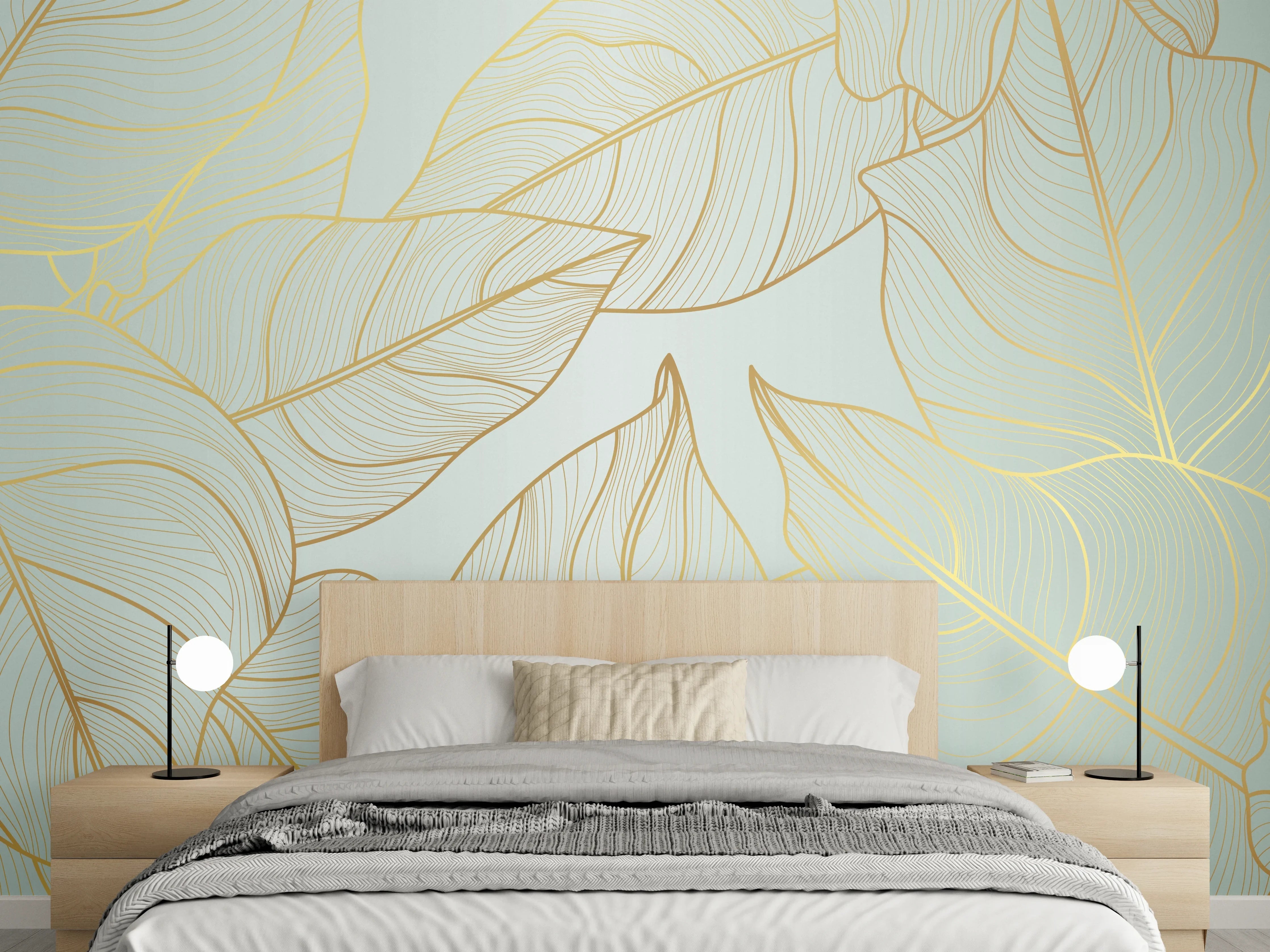 Wandverkleidung Schlafzimmer - Gold-Beige Laub Design
