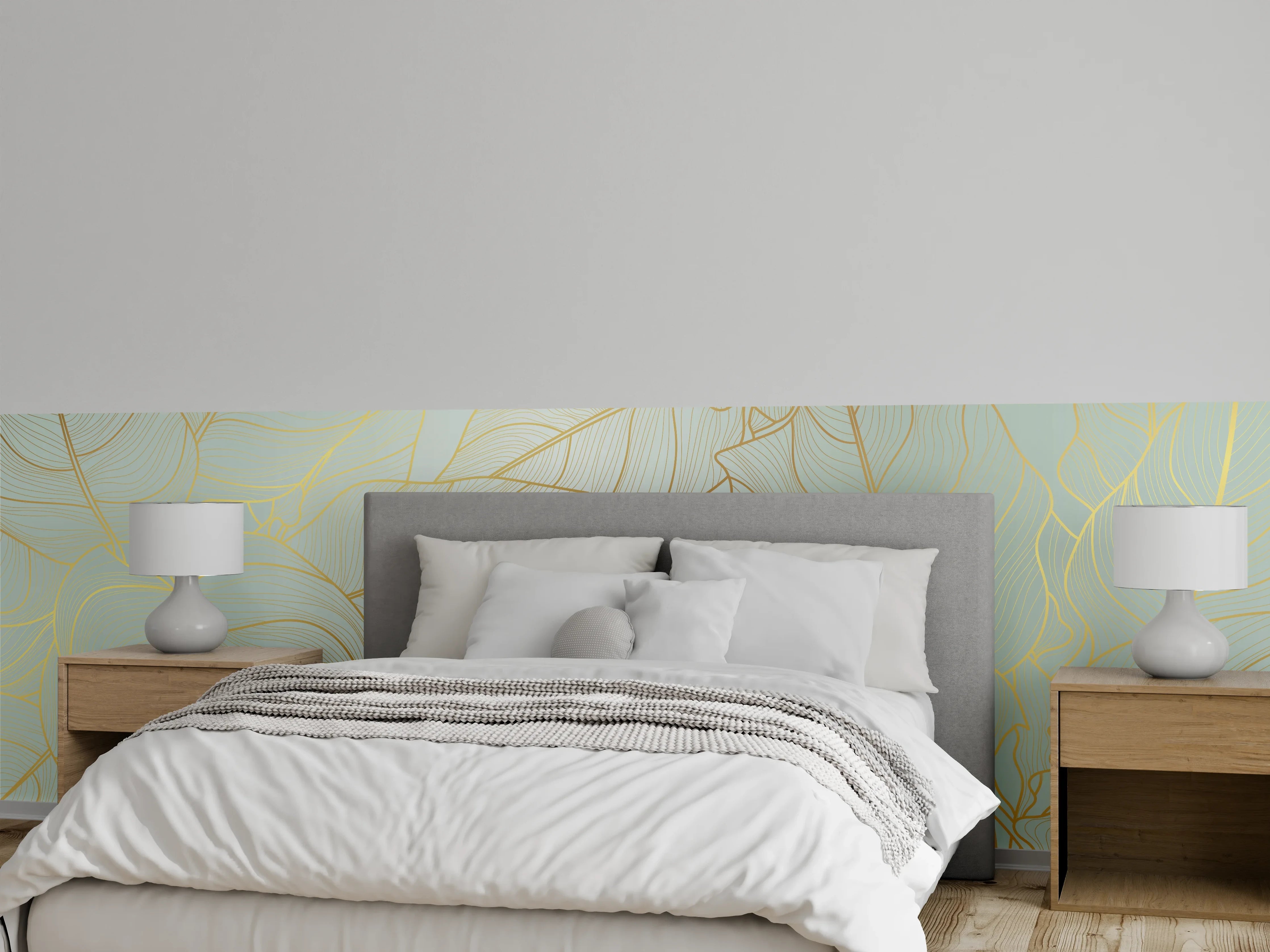 Wandverkleidung Schlafzimmer - Gold-Beige Laub Design