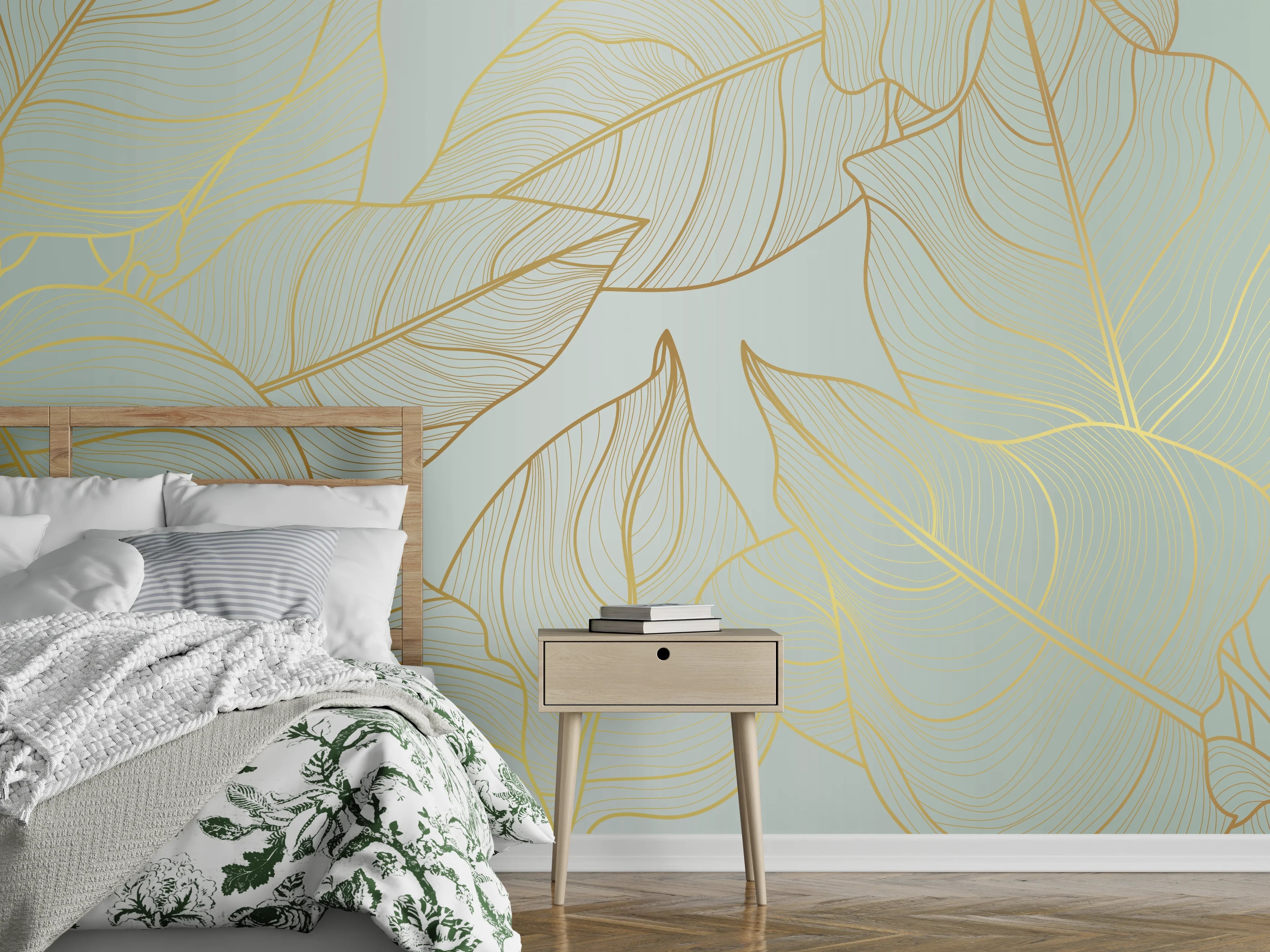 Wandverkleidung Schlafzimmer - Gold-Beige Laub Design
