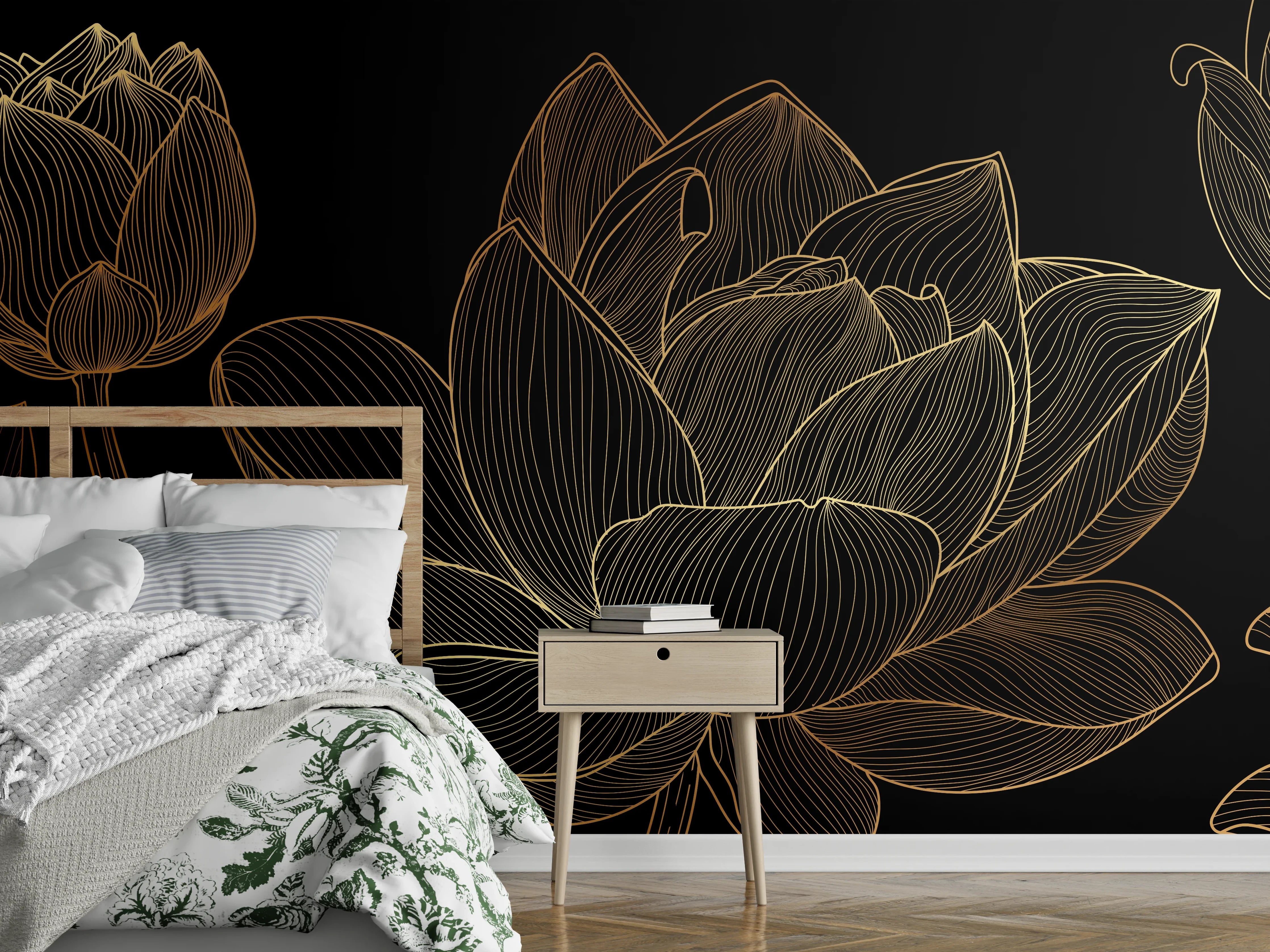 Wandverkleidung Schlafzimmer - Golden Floral Lineart