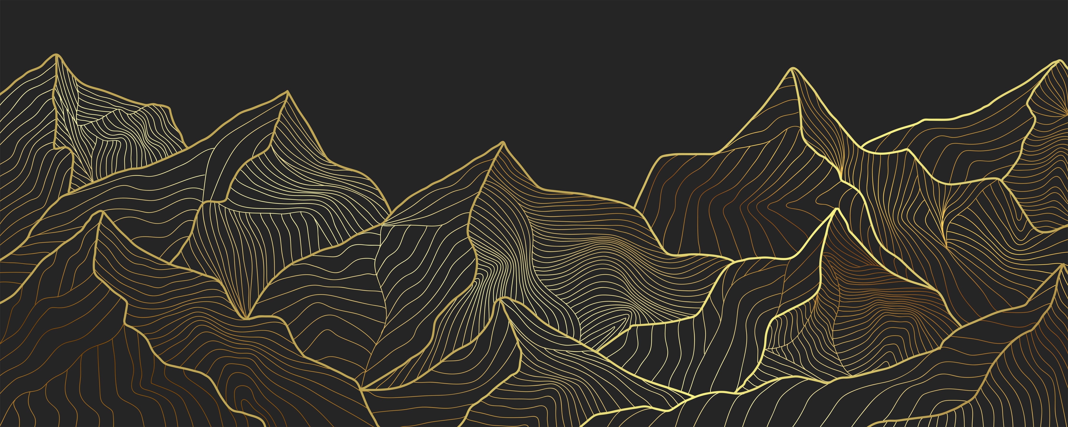 Wandverkleidung Schlafzimmer-Goldene Berge Lineart auf Schwarz