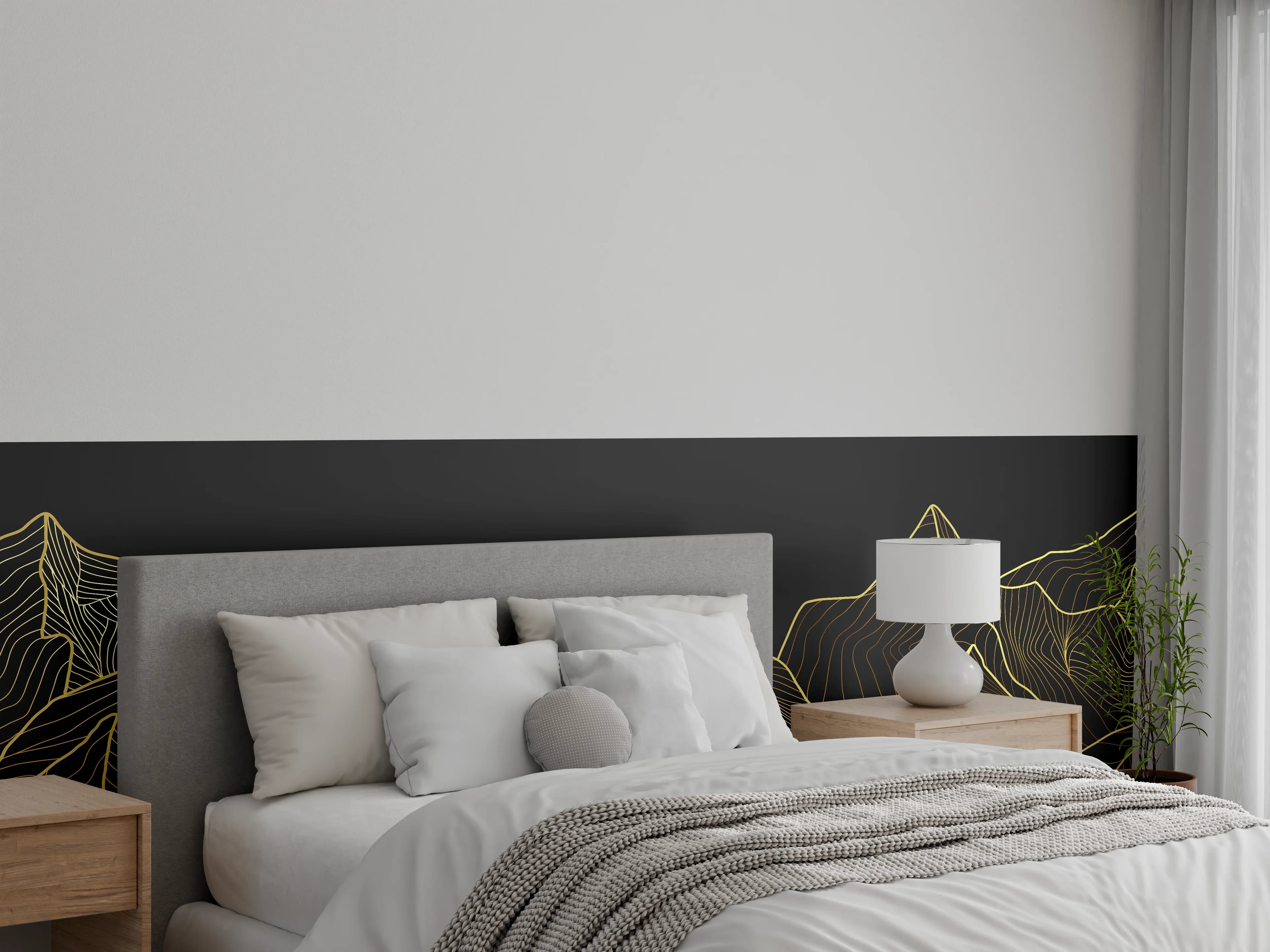 Wandverkleidung Schlafzimmer - Goldene Berge Lineart auf Schwarz