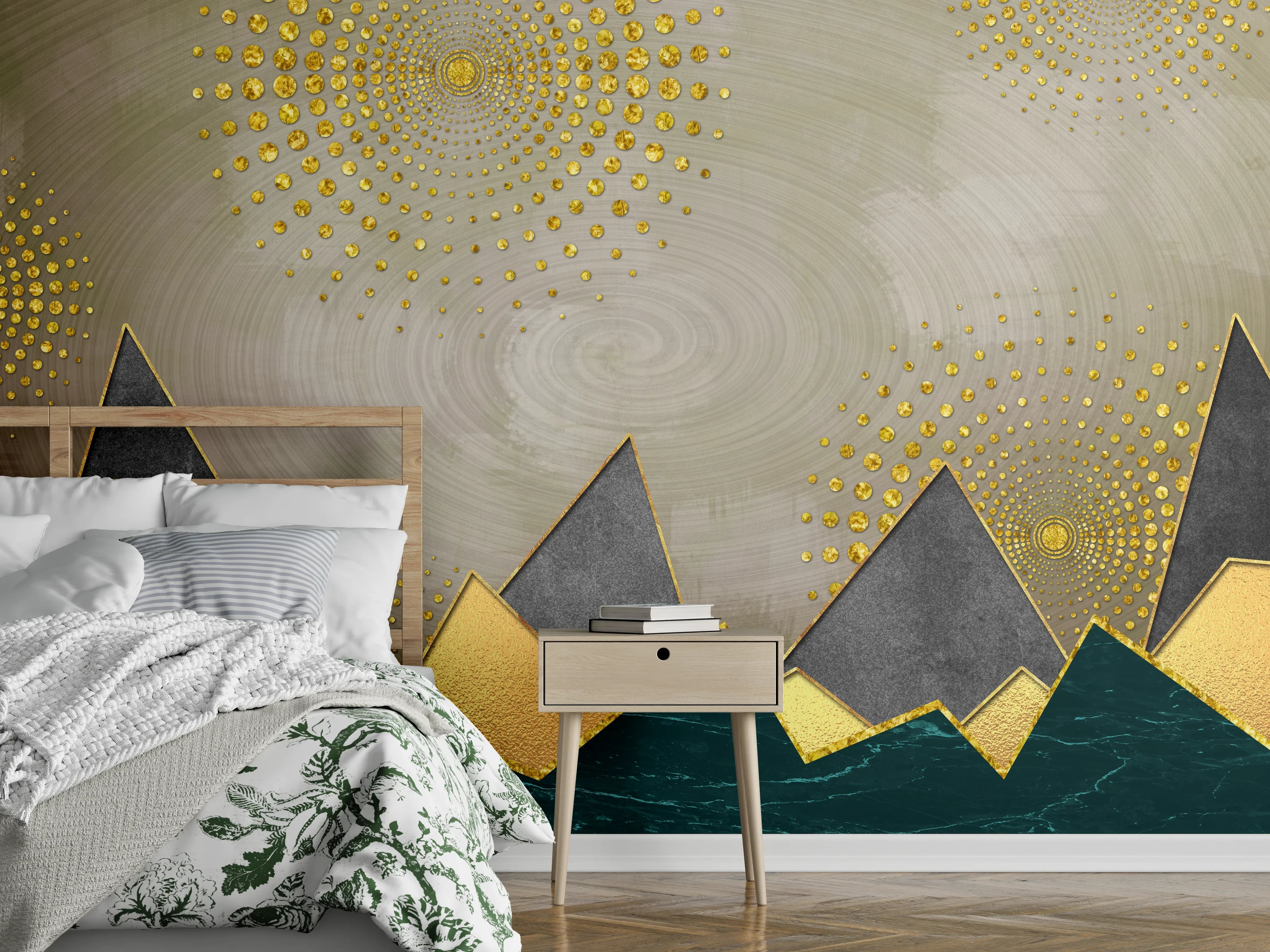 Wandverkleidung Schlafzimmer - Goldene Berge abstrakt Glamour
