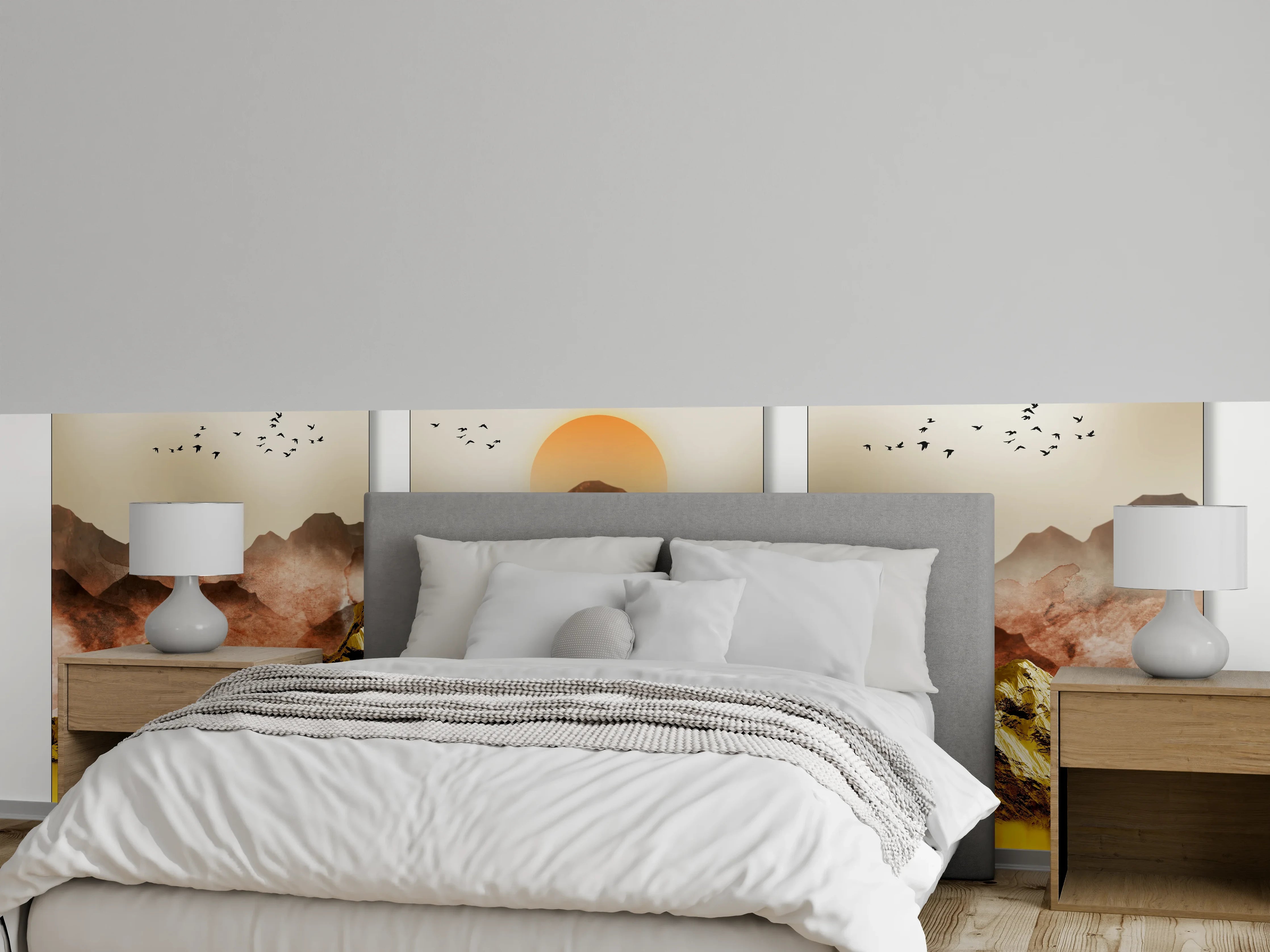 Wandverkleidung Schlafzimmer - Goldene Berglandschaft Sonnenuntergang Triptychon