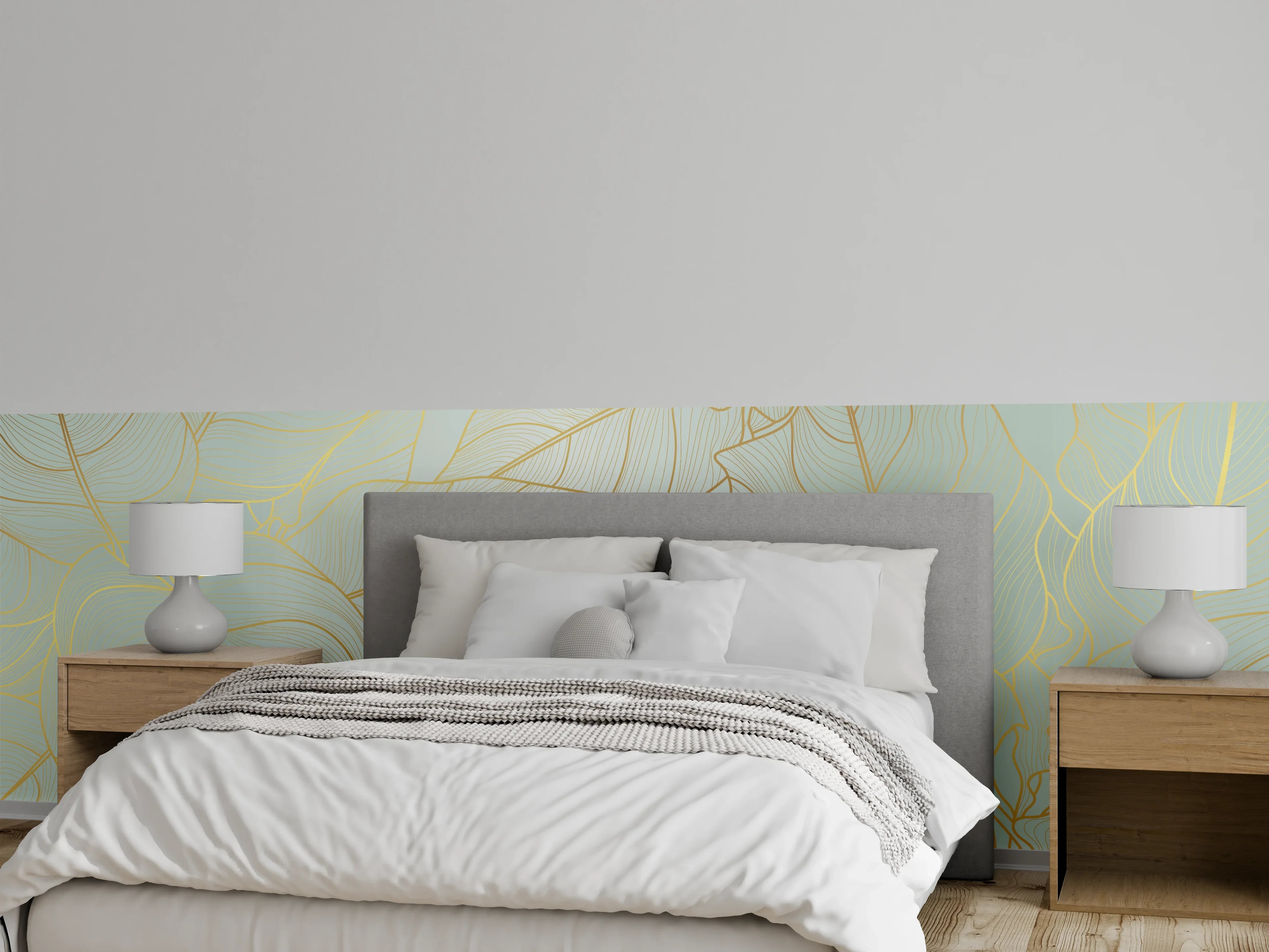 Wandverkleidung Schlafzimmer - Goldene Blätter auf Hellgelb