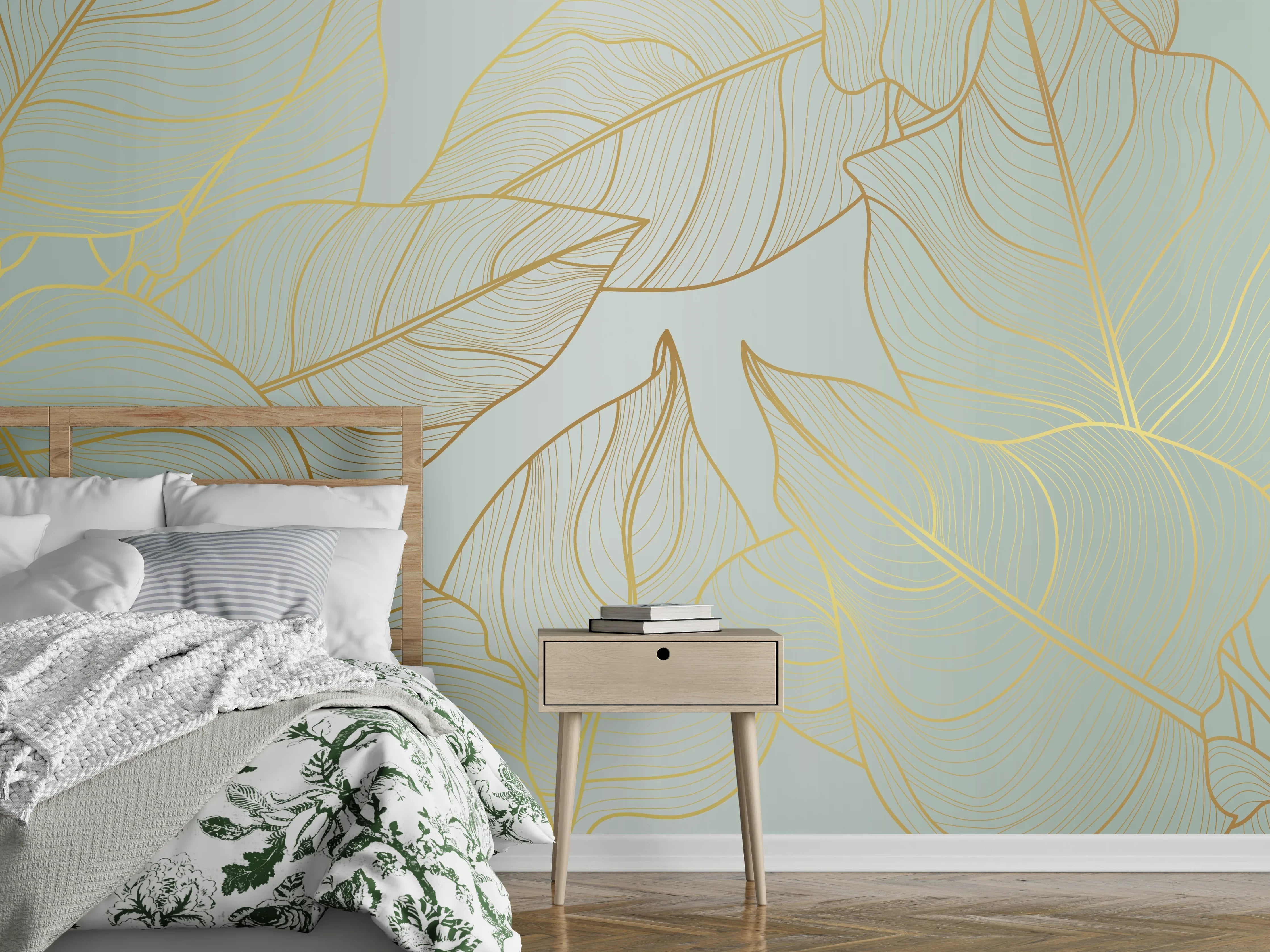 Wandverkleidung Schlafzimmer - Goldene Blätter auf Hellgelb