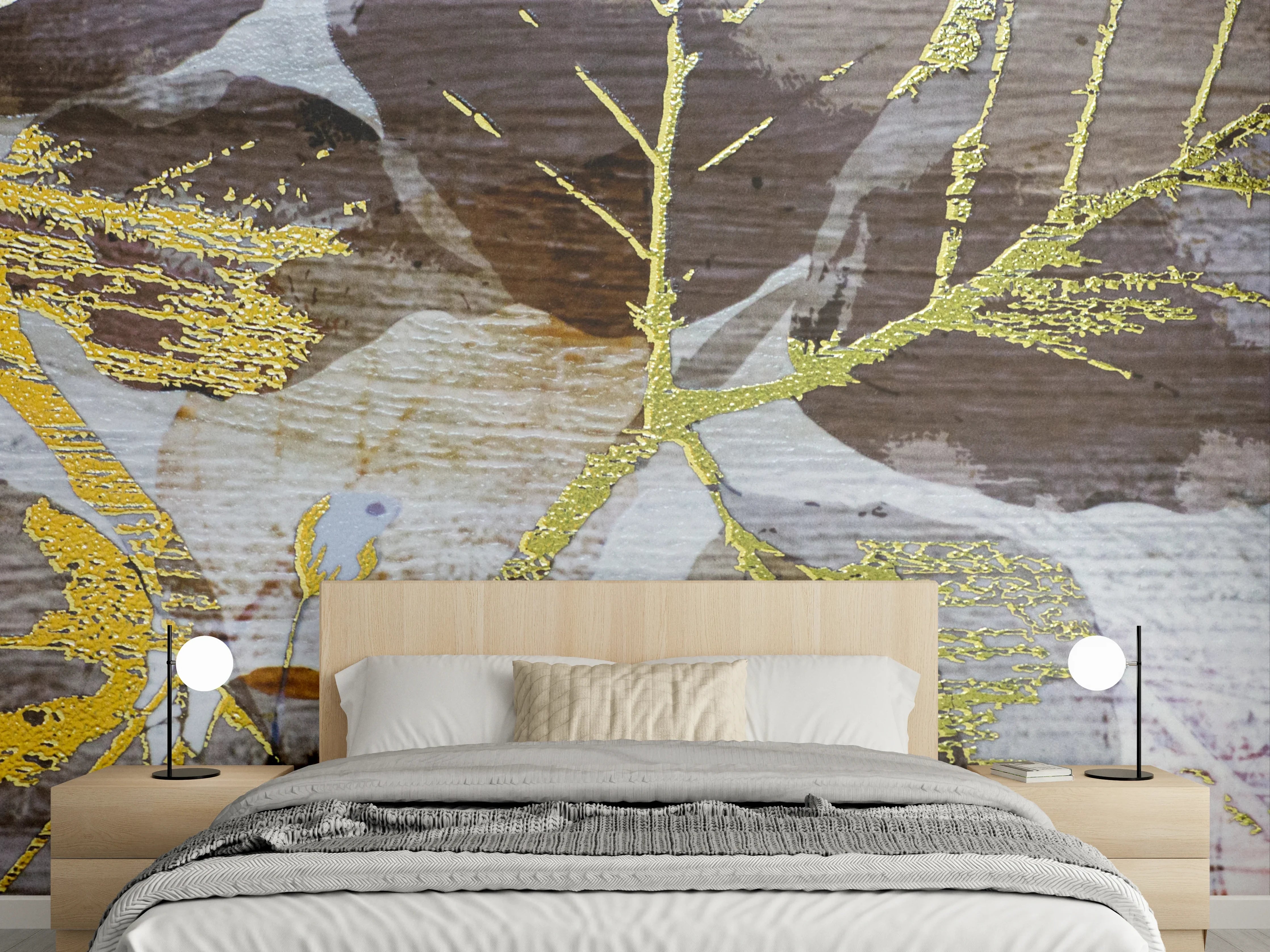 Wandverkleidung Schlafzimmer - Goldene Blätter auf Holzoptik