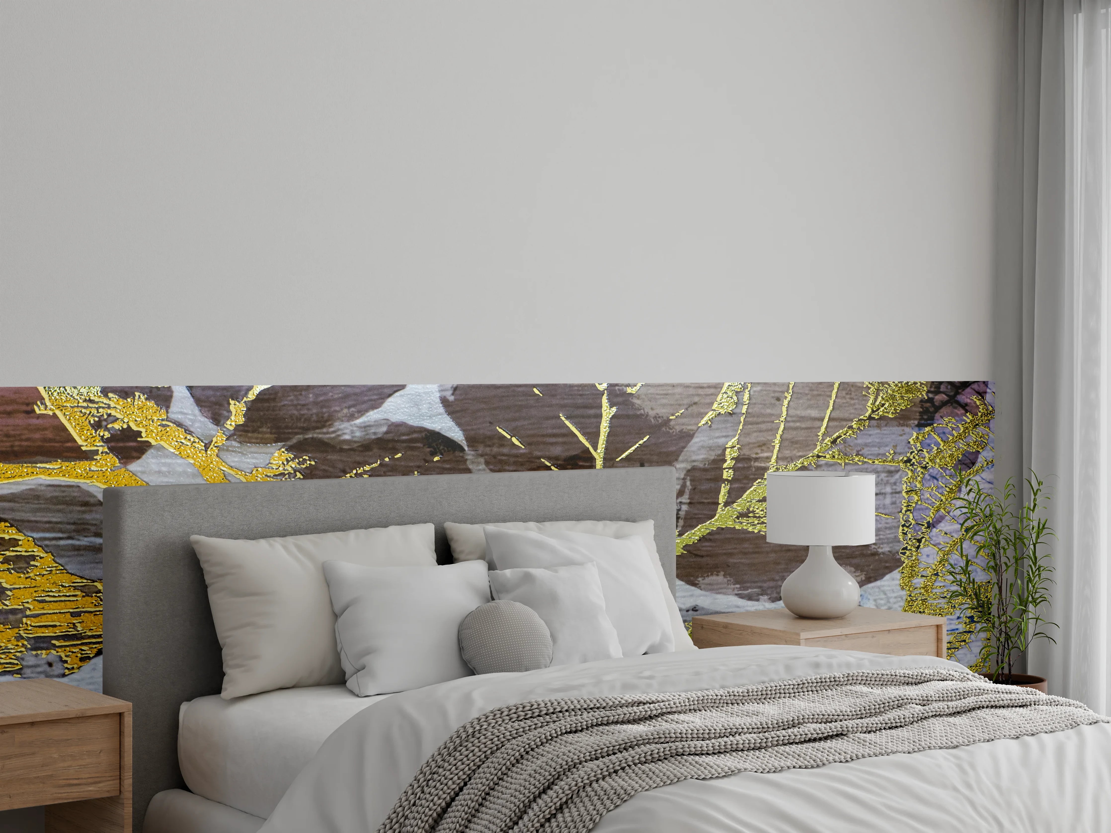 Wandverkleidung Schlafzimmer - Goldene Blätter auf Holzoptik