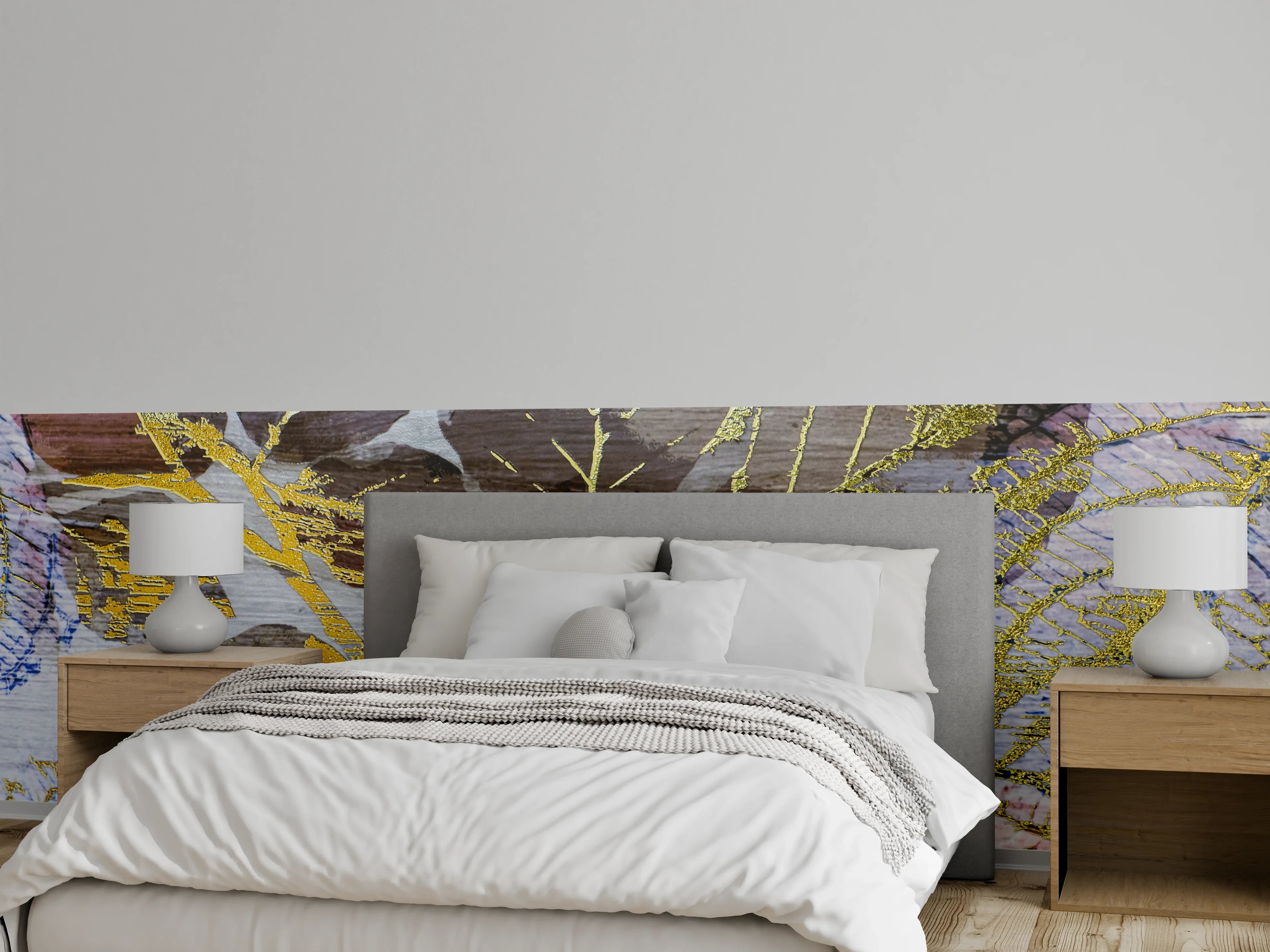 Wandverkleidung Schlafzimmer - Goldene Blätter auf Holzoptik