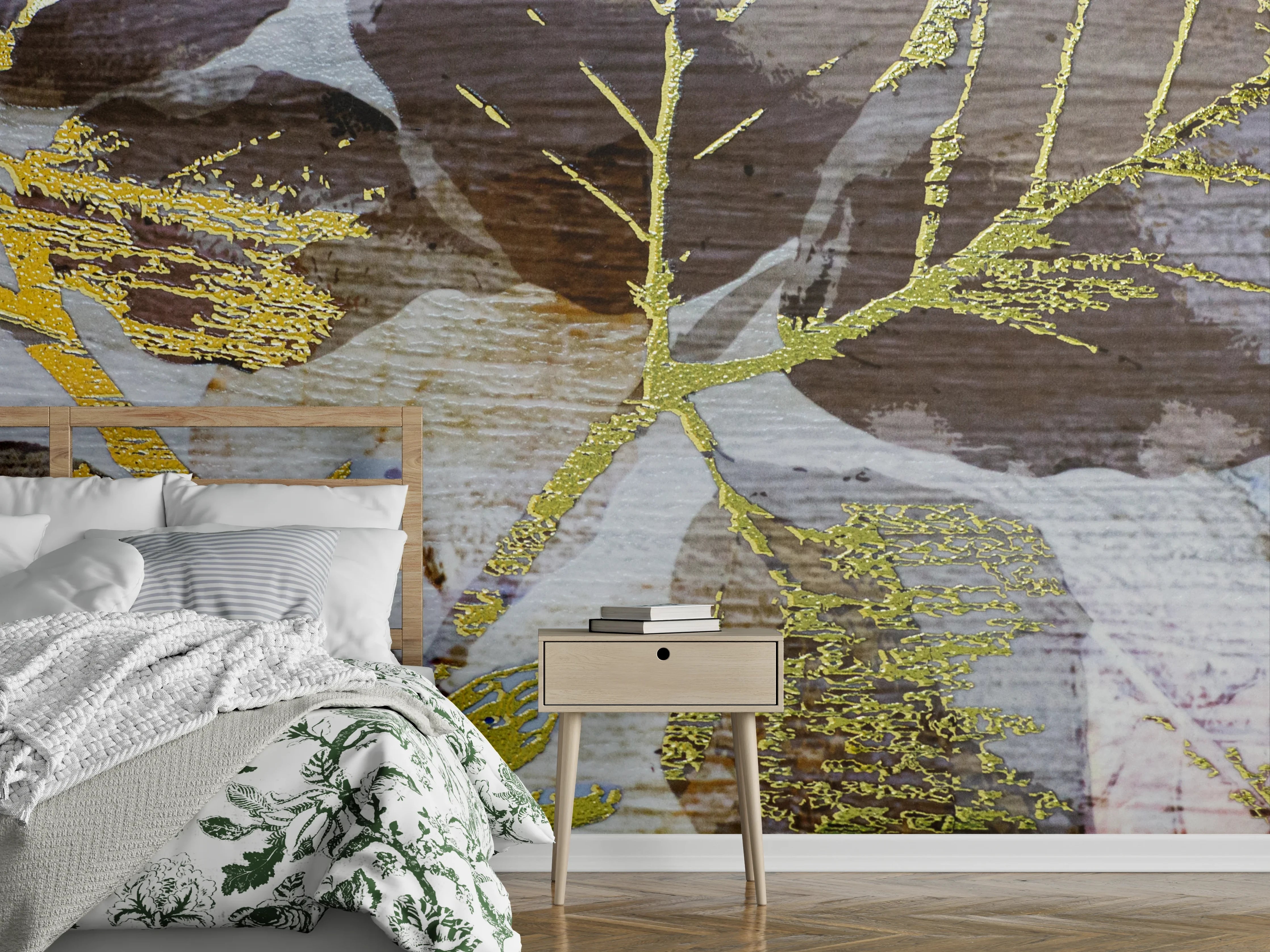 Wandverkleidung Schlafzimmer - Goldene Blätter auf Holzoptik