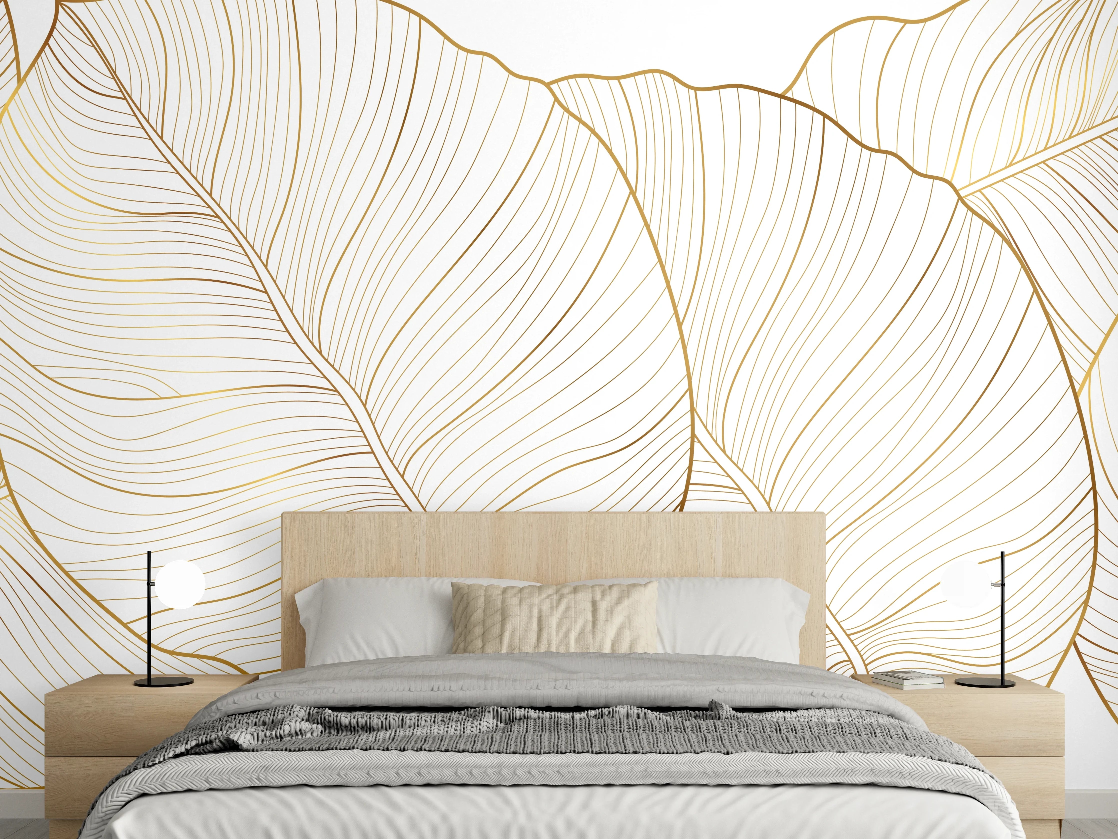 Wandverkleidung Schlafzimmer - Goldene Blattstruktur auf Weiß