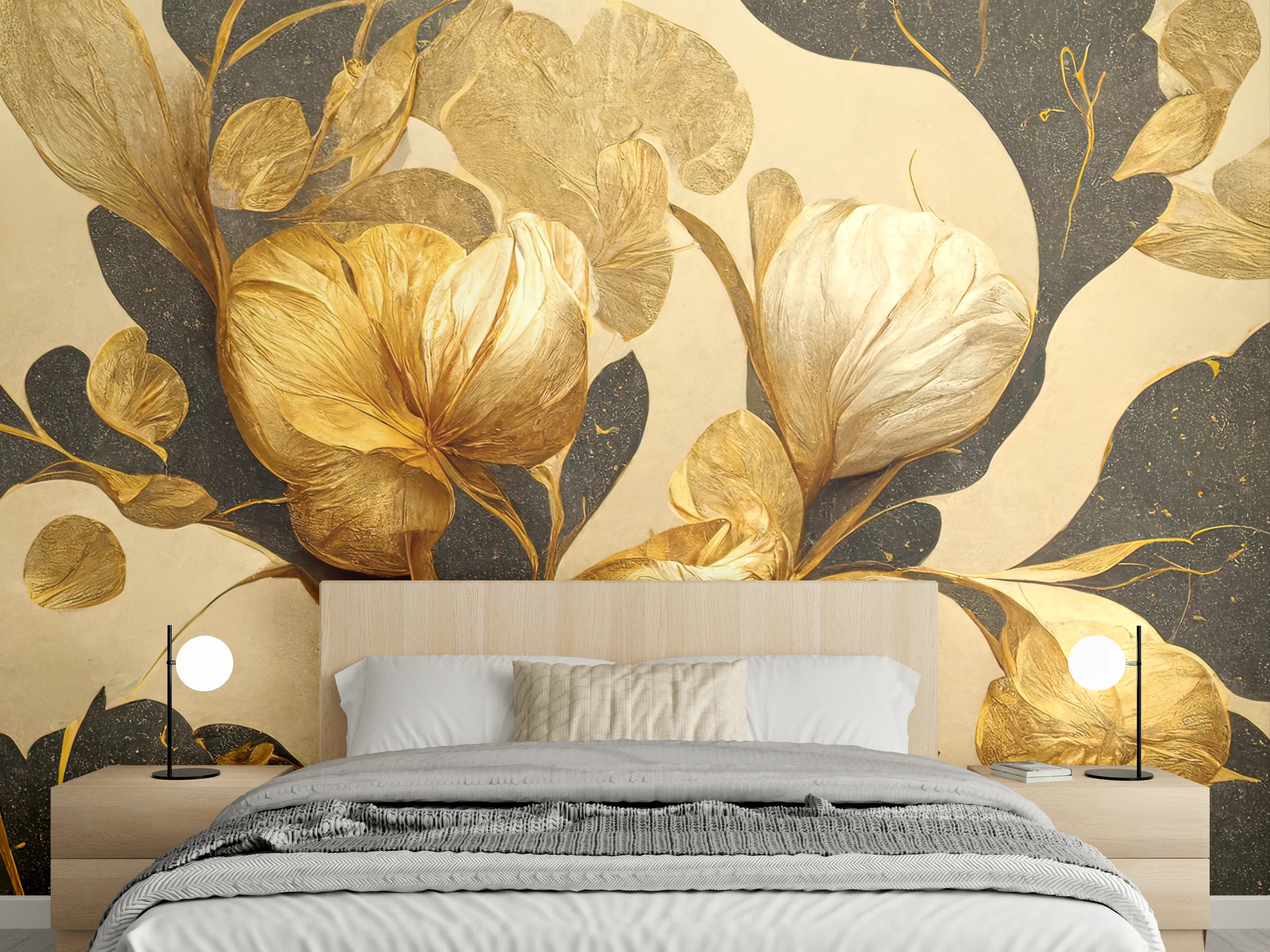Wandverkleidung Schlafzimmer - Goldene Blüten auf dunklem Hintergrund