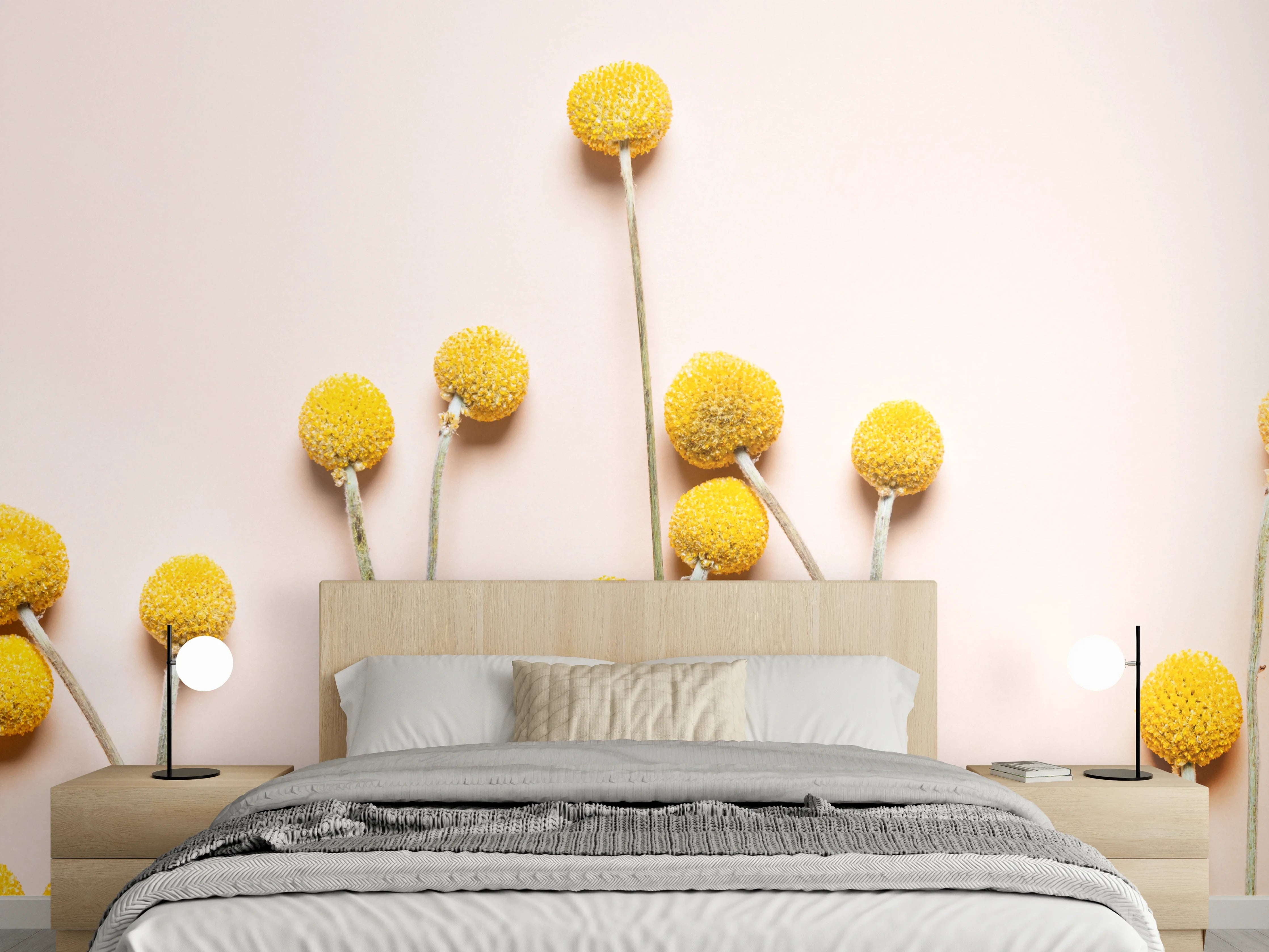 Wandverkleidung Schlafzimmer - Goldene Blüten vor grauweißer Stille