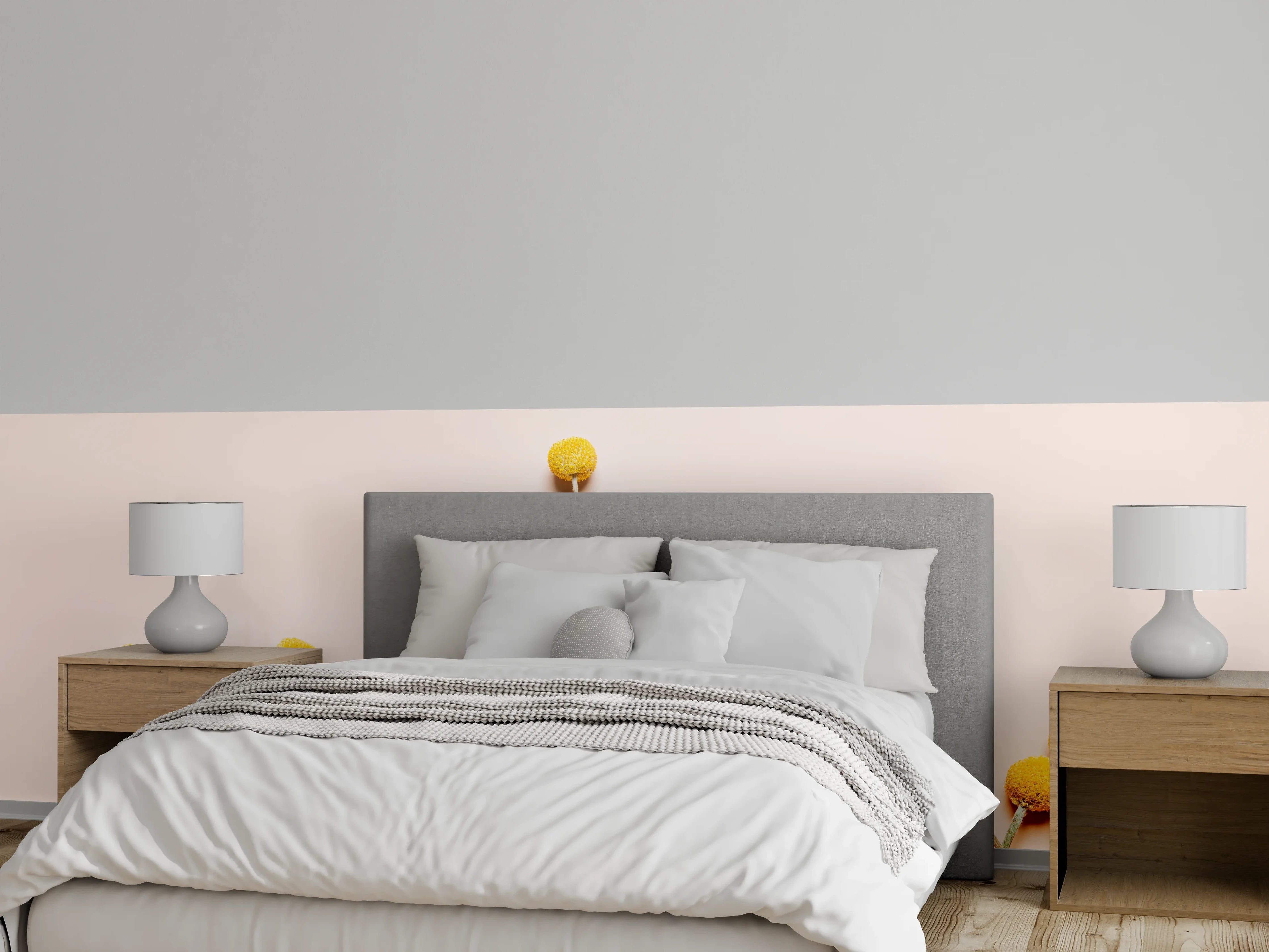 Wandverkleidung Schlafzimmer - Goldene Blüten vor grauweißer Stille
