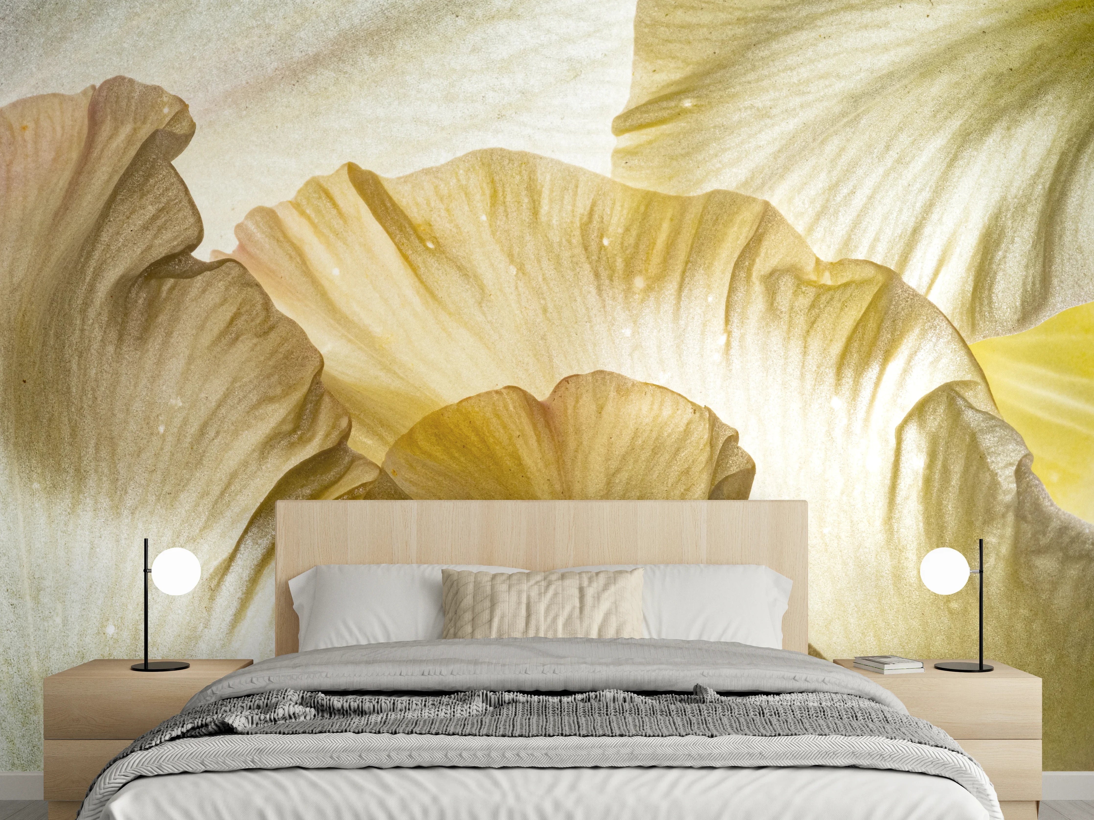 Wandverkleidung Schlafzimmer - Goldene Blumen mit zarten Schatten