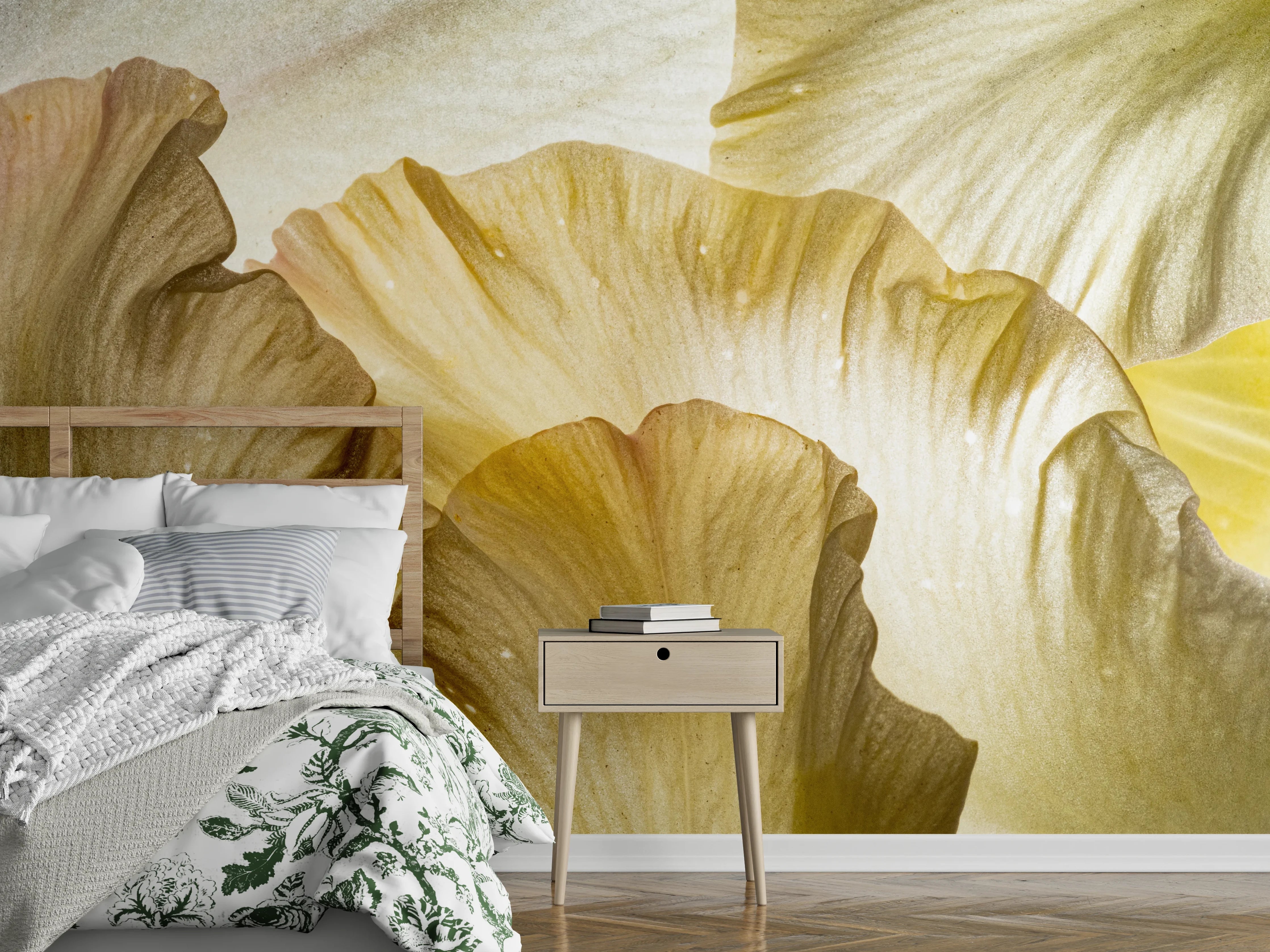 Wandverkleidung Schlafzimmer - Goldene Blumen mit zarten Schatten