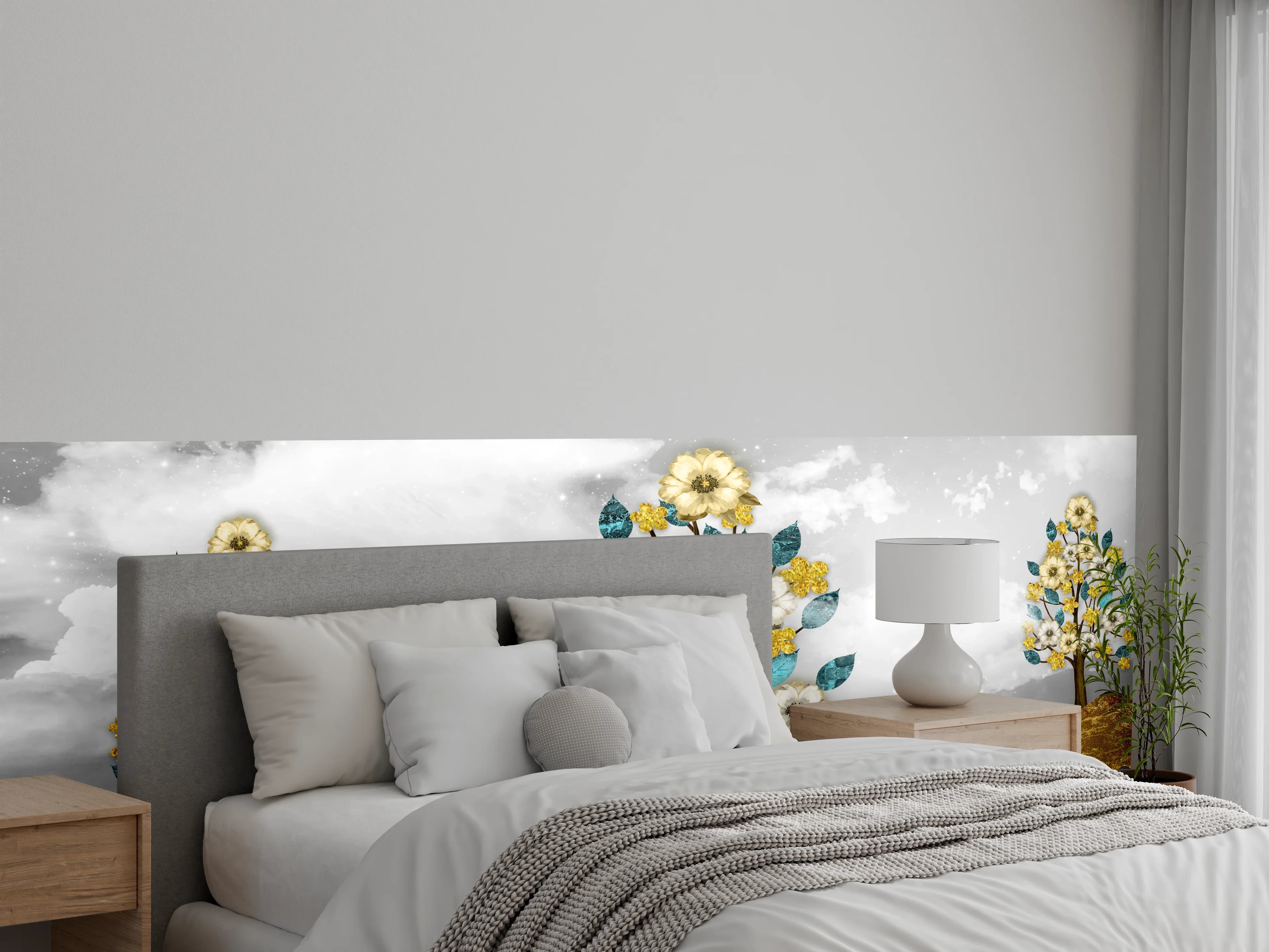 Wandverkleidung Schlafzimmer - Goldene Blumenbäume auf Bergen