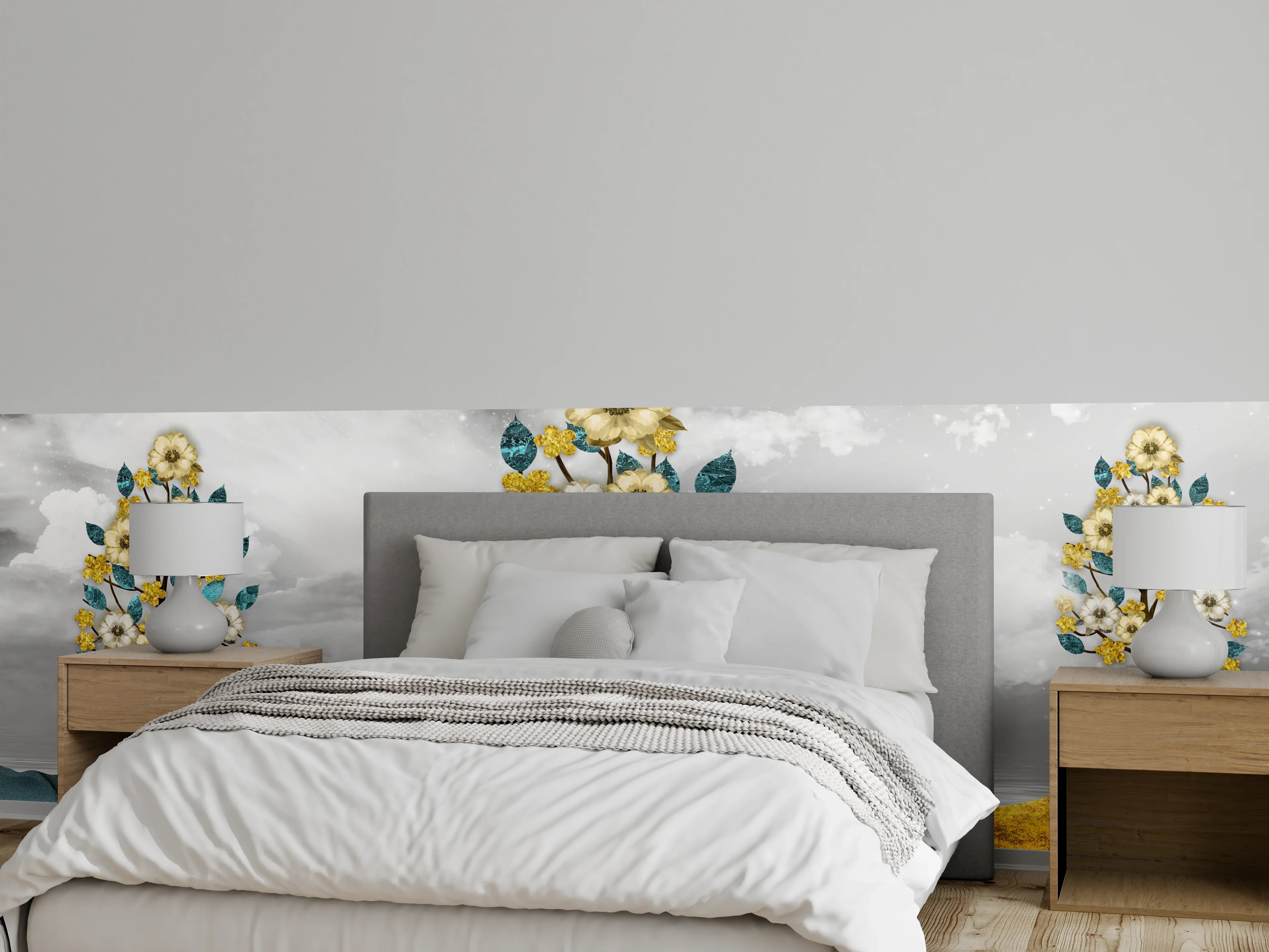 Wandverkleidung Schlafzimmer - Goldene Blumenbäume auf Bergen