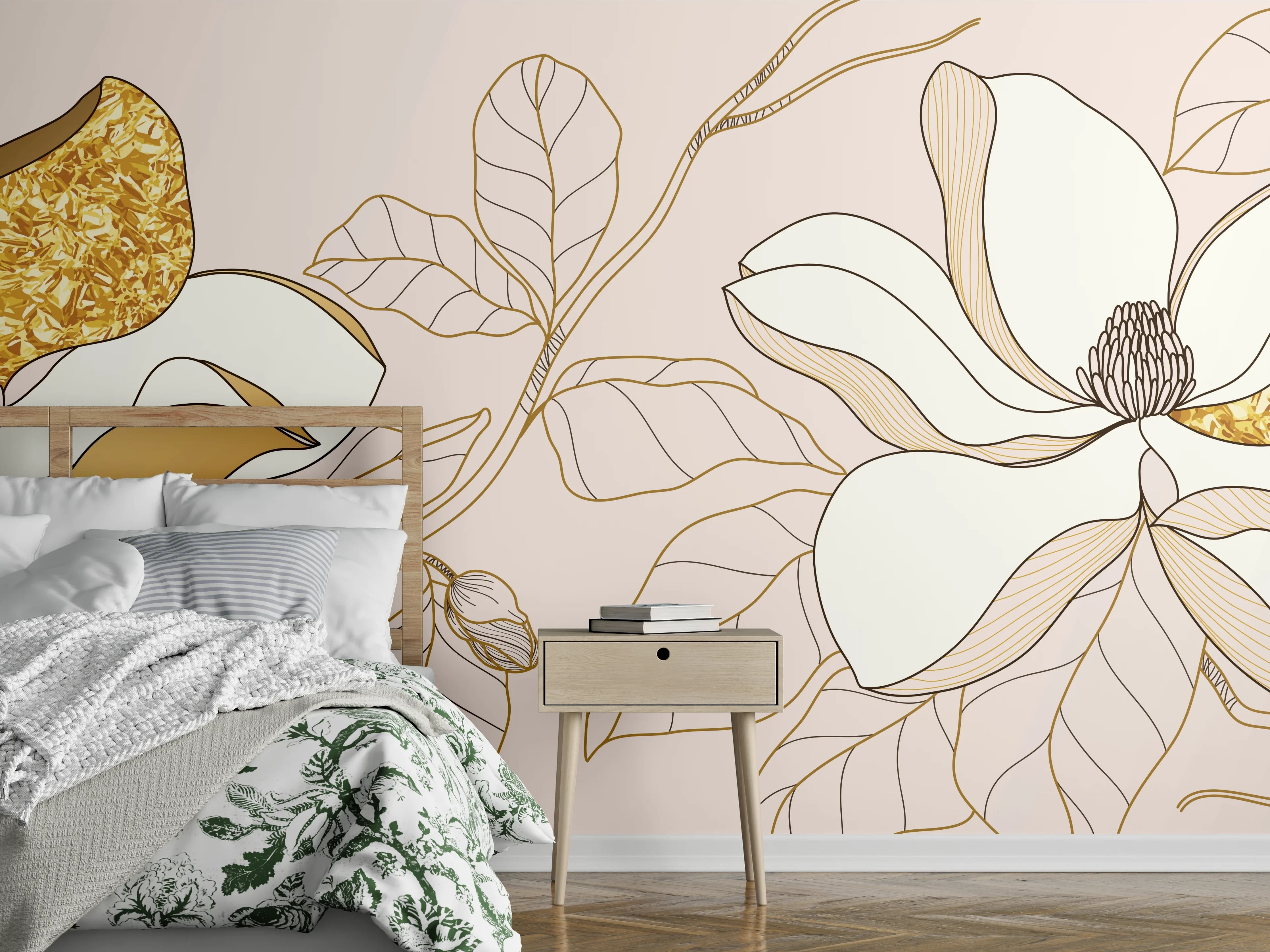 Wandverkleidung Schlafzimmer - Goldene Blumenmuster Illustration