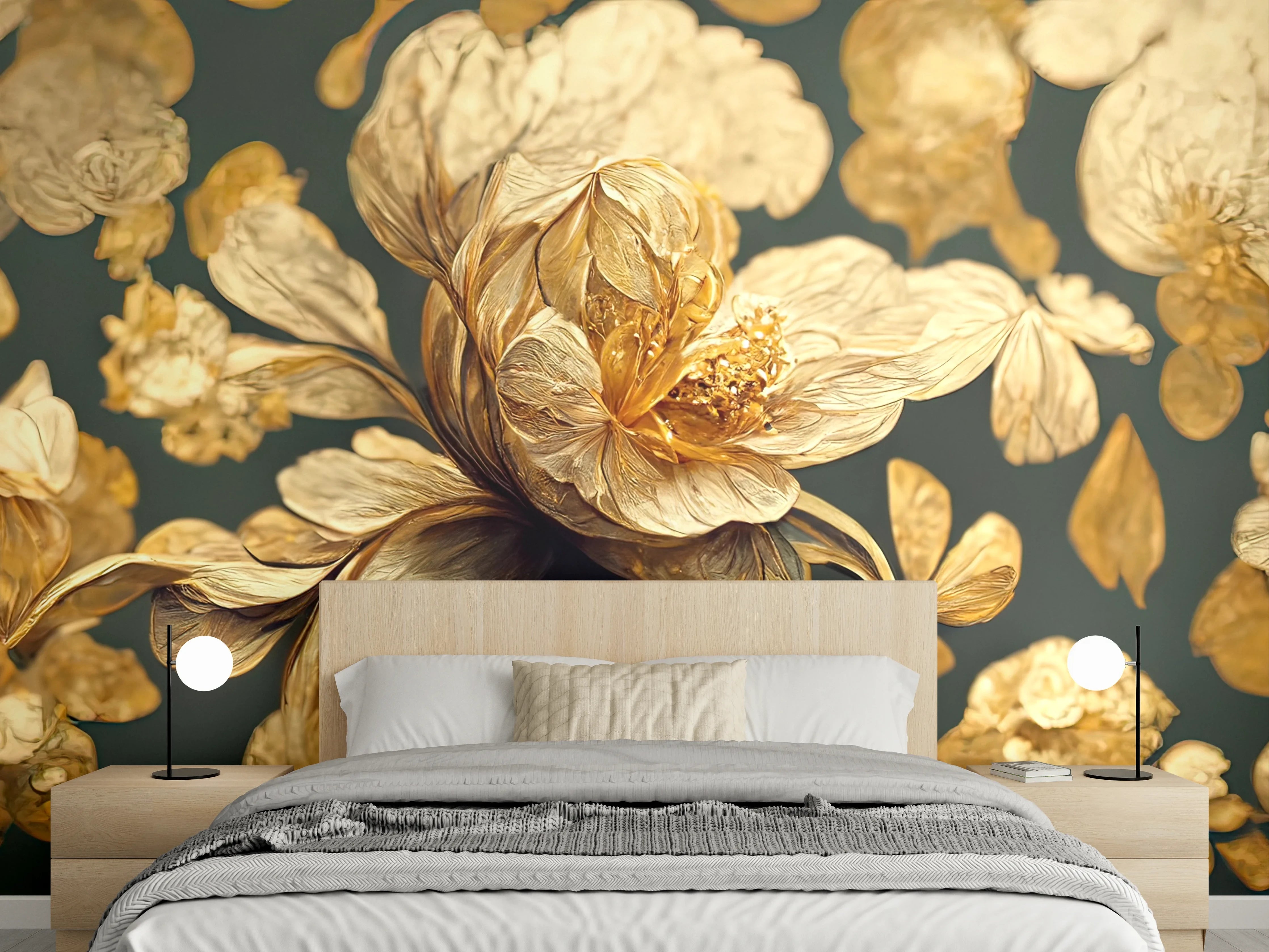 Wandverkleidung Schlafzimmer - Goldene Blumenpracht mit filigraner Optik