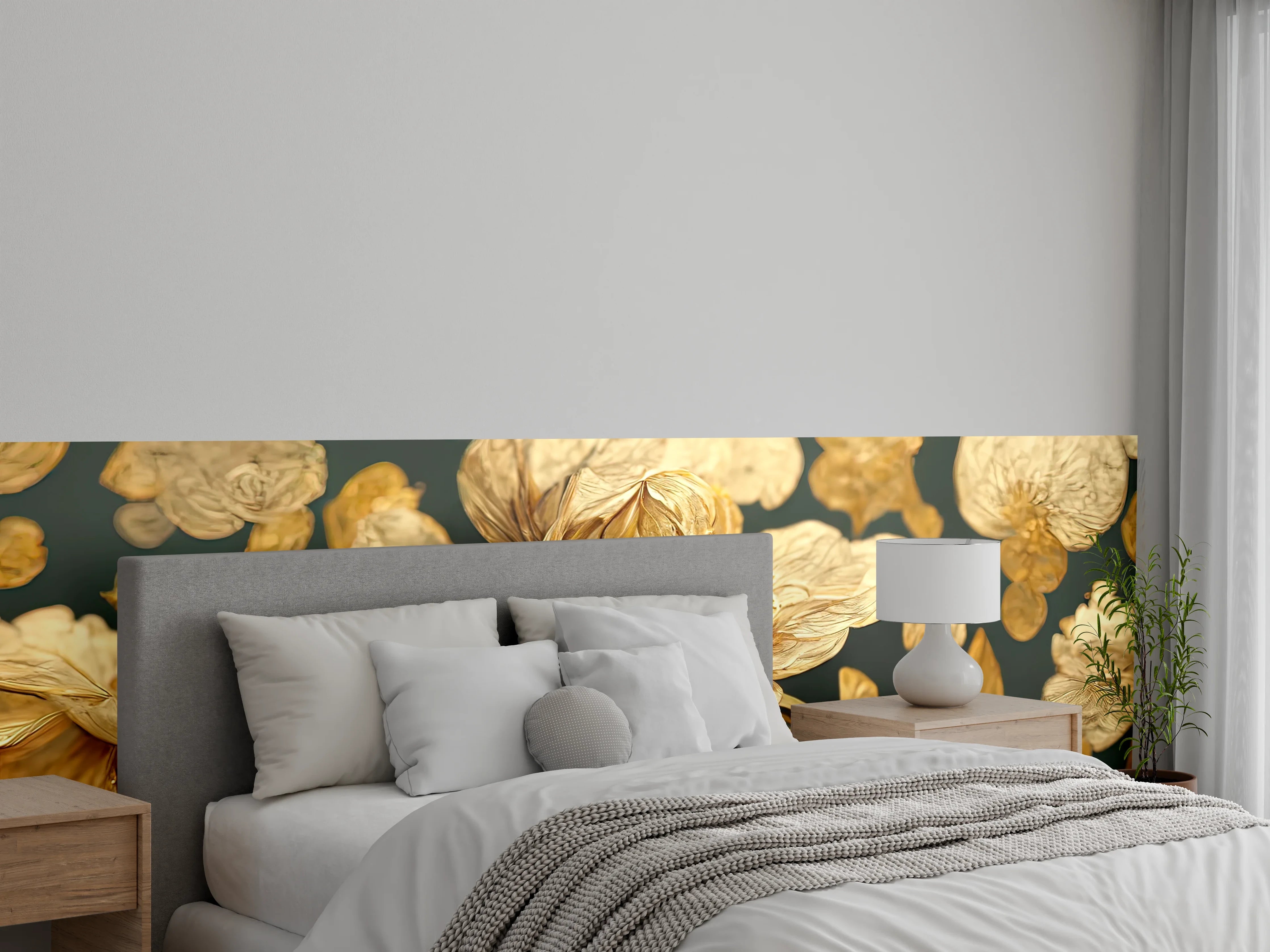 Wandverkleidung Schlafzimmer - Goldene Blumenpracht mit filigraner Optik