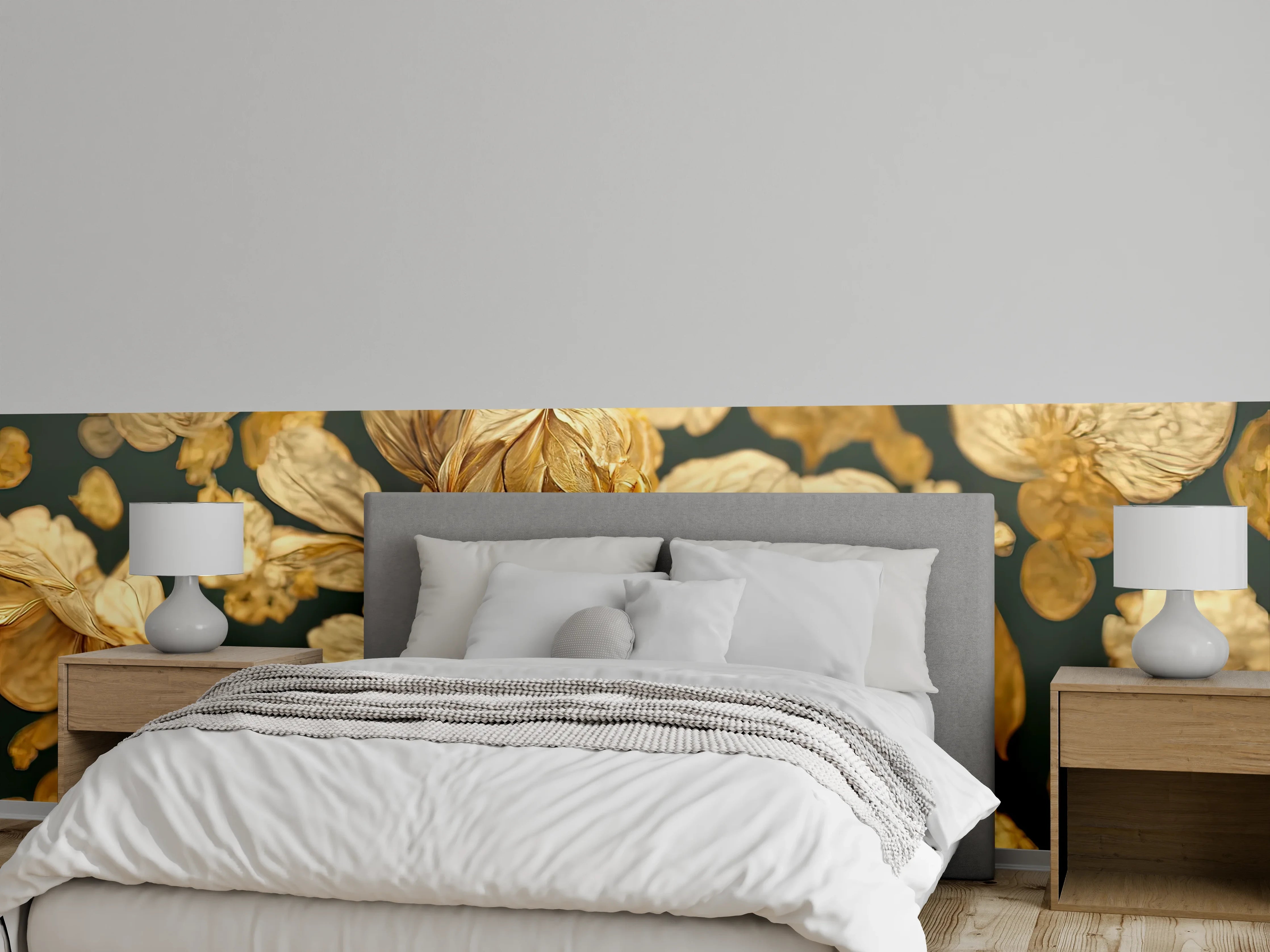 Wandverkleidung Schlafzimmer - Goldene Blumenpracht mit filigraner Optik