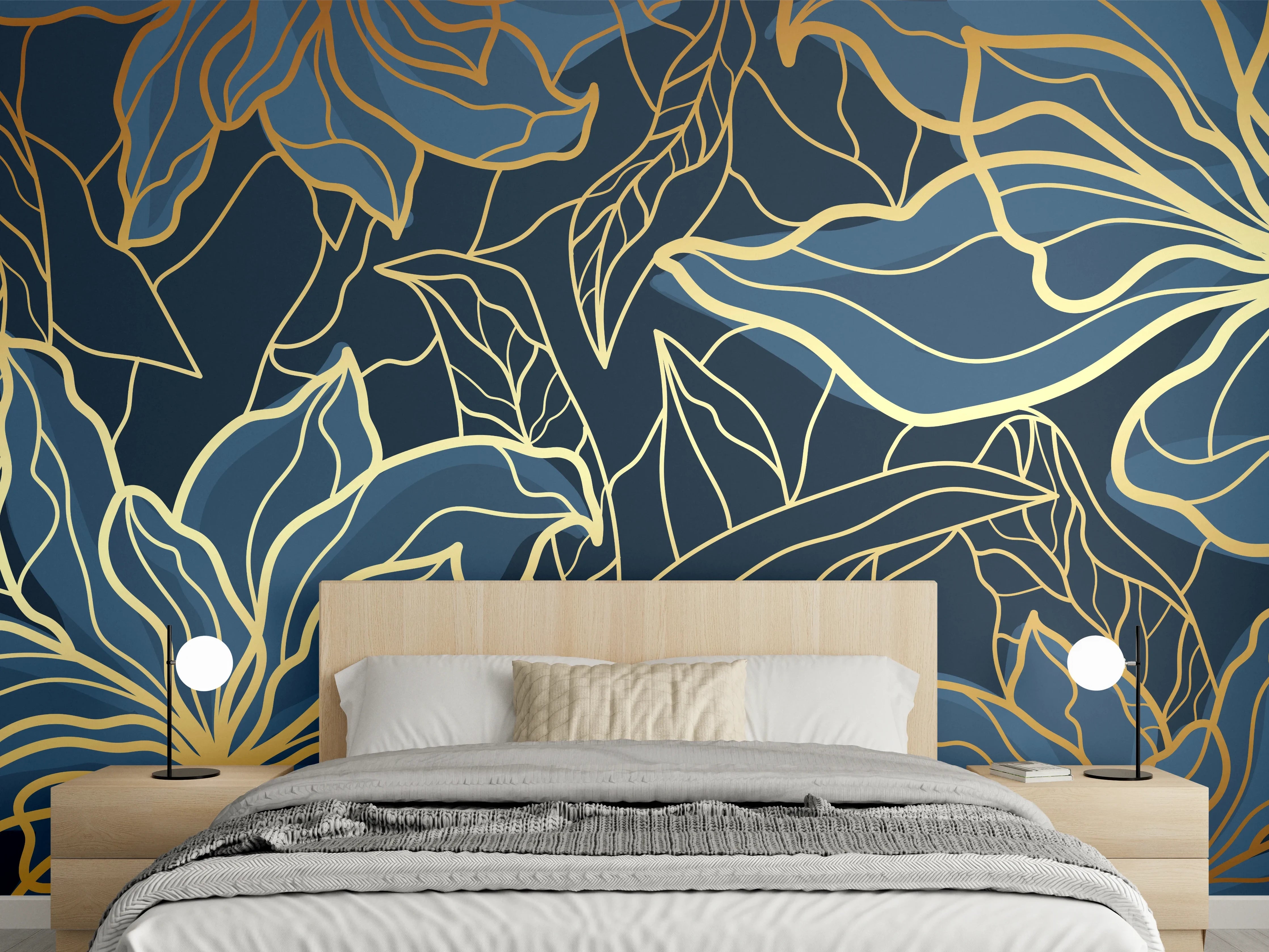 Wandverkleidung Schlafzimmer - Goldene Blumenranken auf Dunkelblau