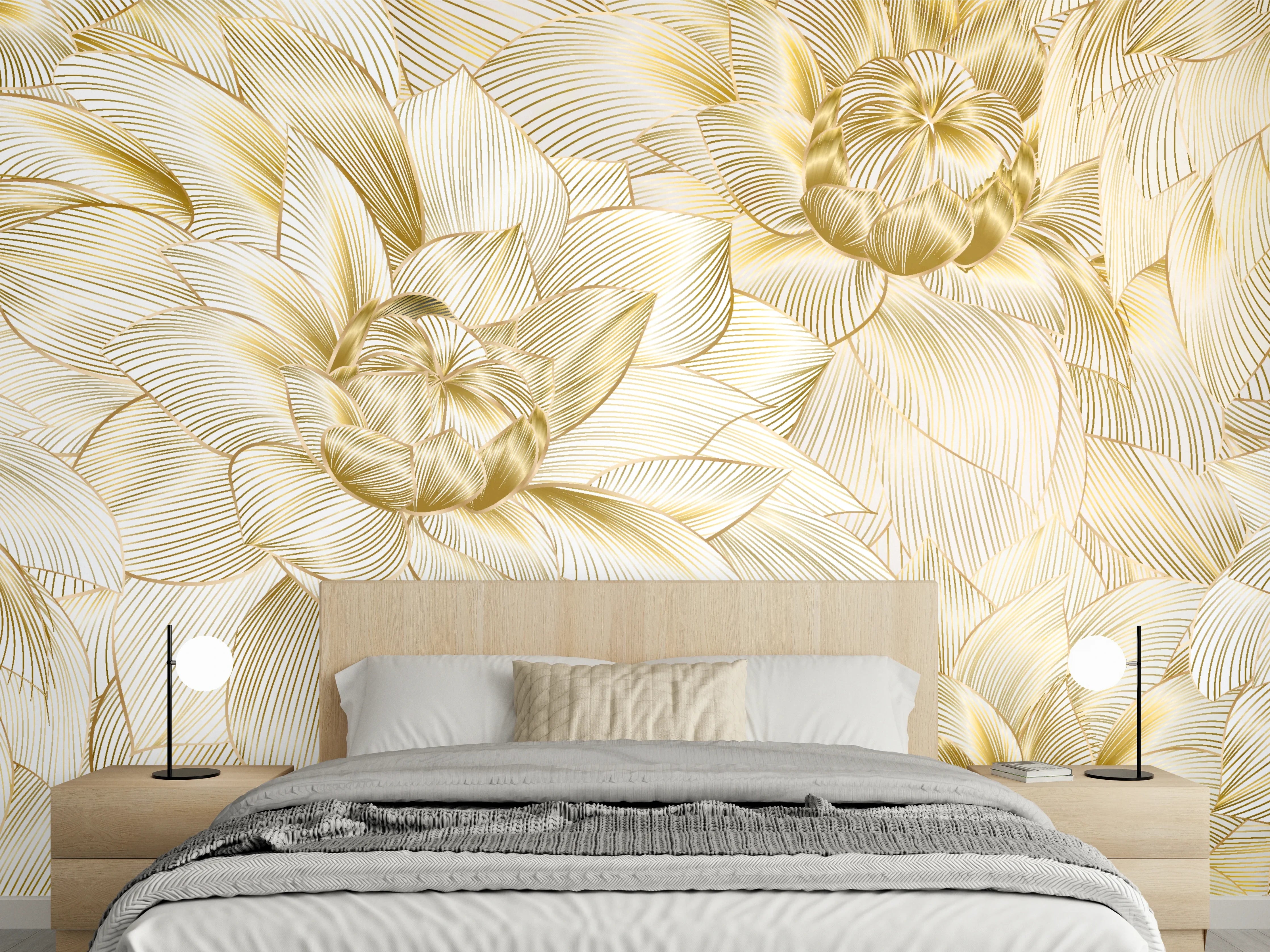 Wandverkleidung Schlafzimmer - Goldene Blumenstruktur Design