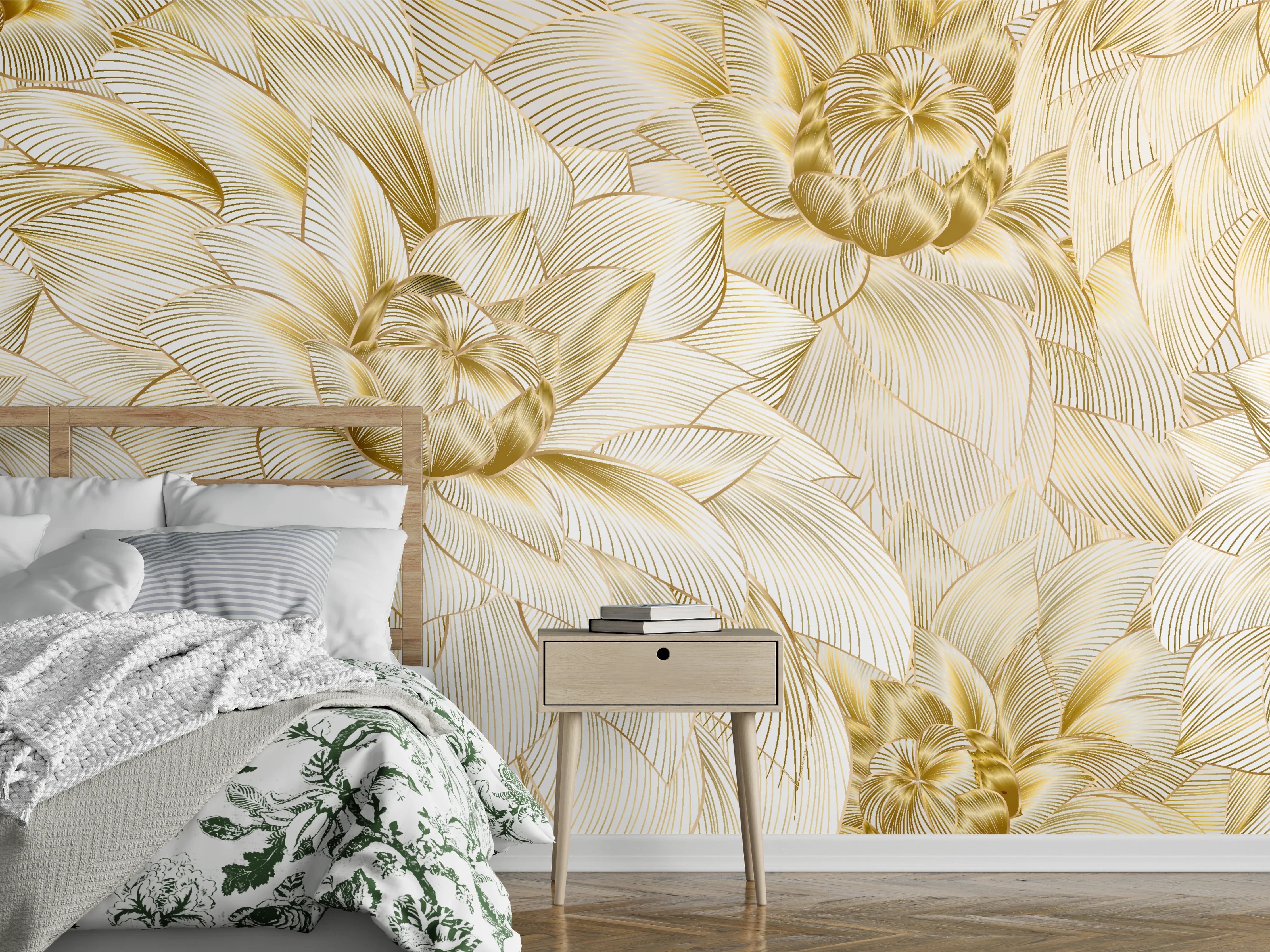 Wandverkleidung Schlafzimmer - Goldene Blumenstruktur Design